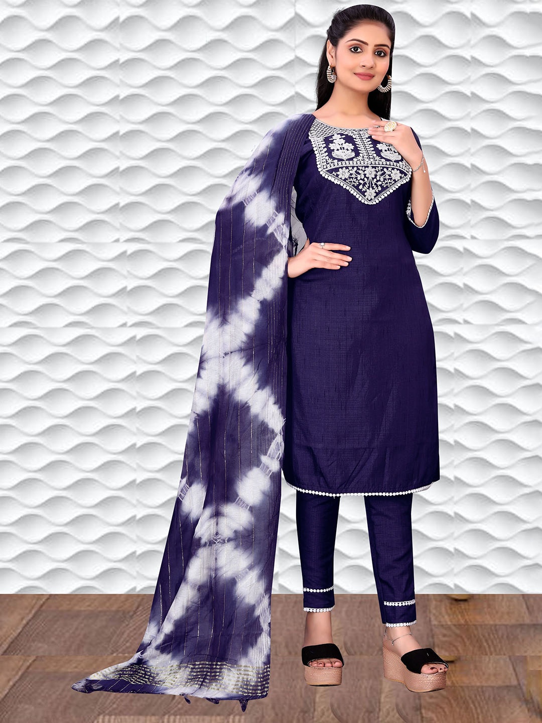 

VIRICA Floral Embroidered Chikankari Kurta With Trouser & Dupatta, Navy blue