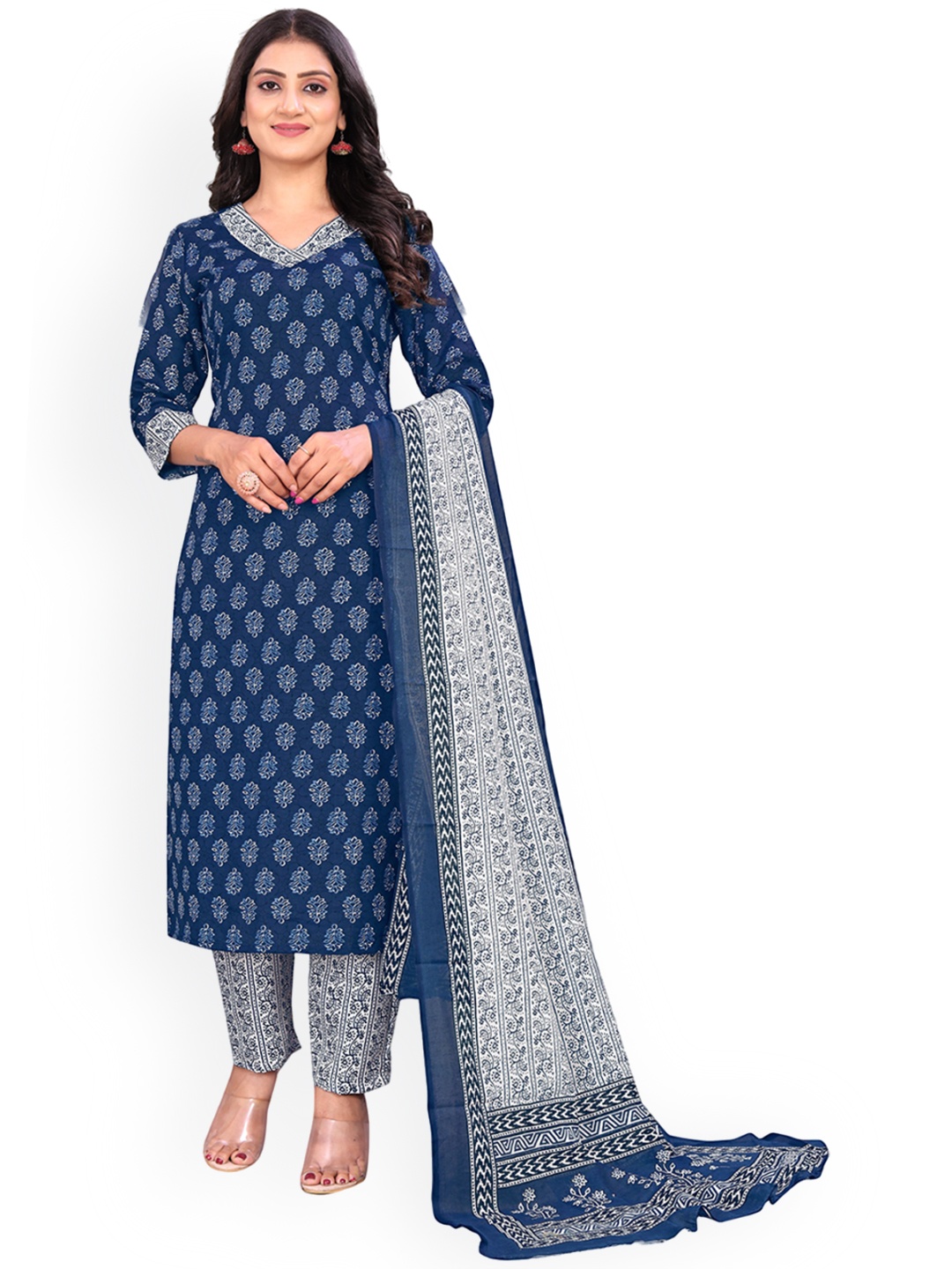 

VIRICA Floral Printed Regular Pure Cotton Kurta with Trousers & With Dupatta, Navy blue