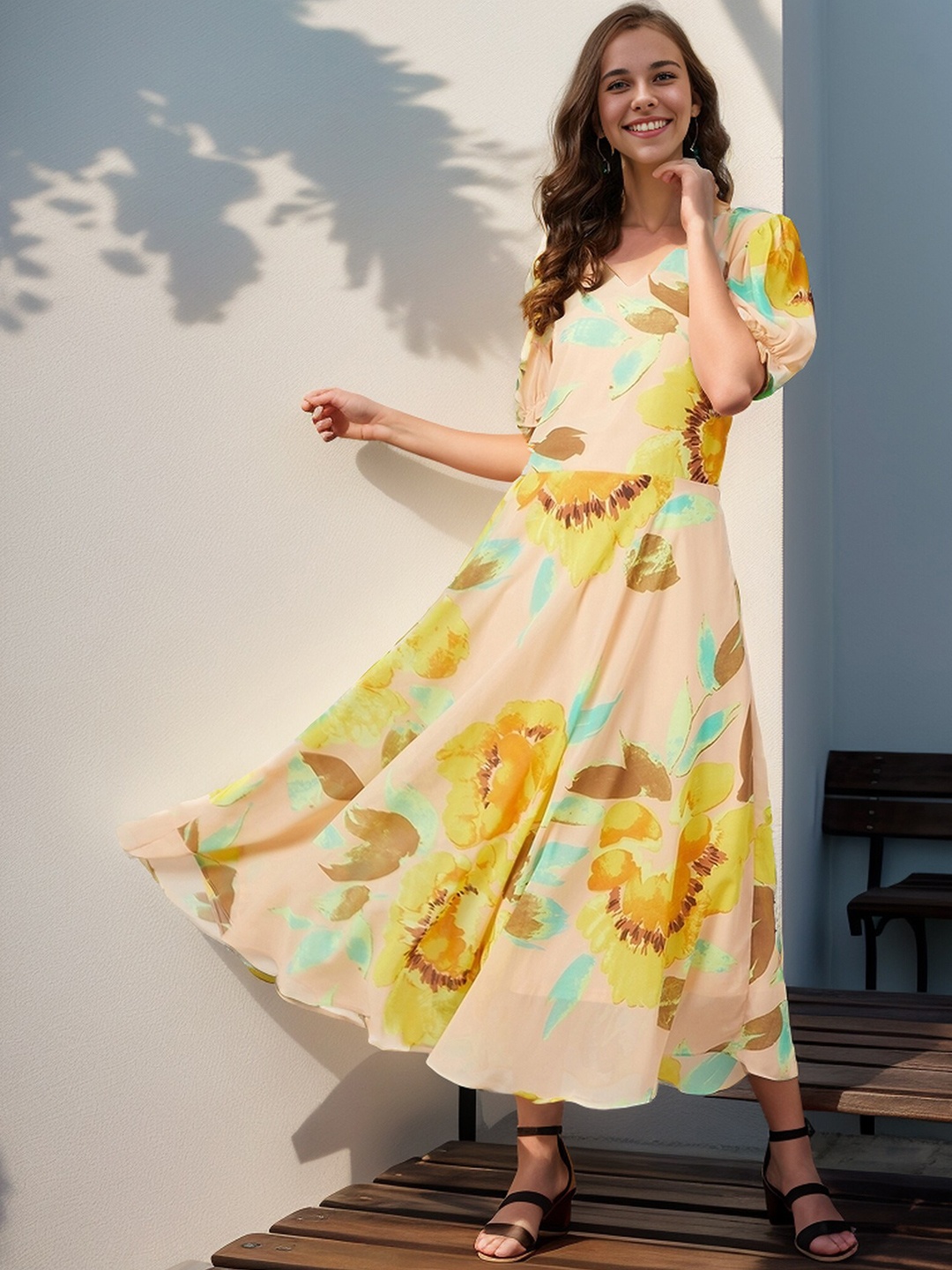 

RARE Yellow Floral Printed Puff Sleeves Georgette Maxi Fit & Flare Dress