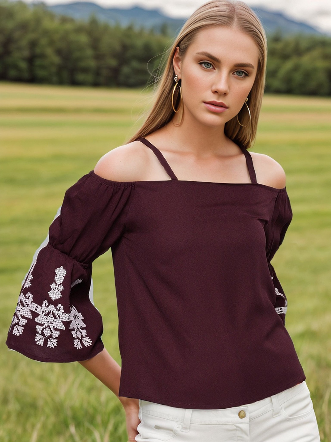 

RARE Maroon Off Shoulder Bell Sleeves Embroidered Top