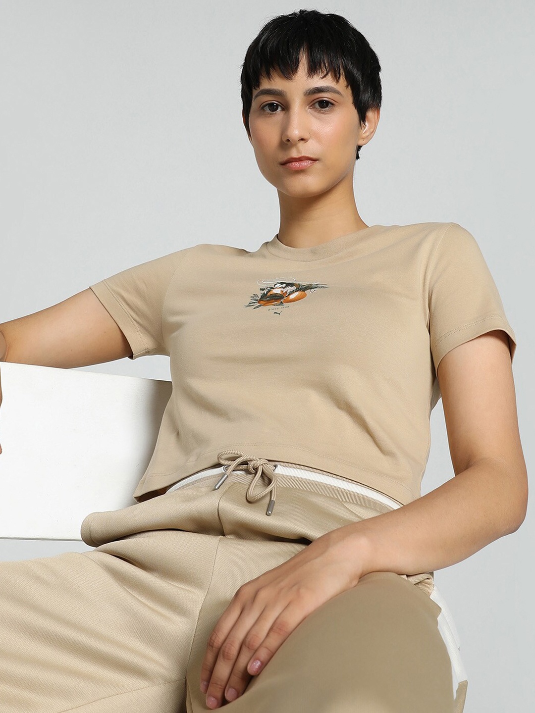 

Puma GRAPHICS Fruity Printed Cotton Crop Tshirt, Beige