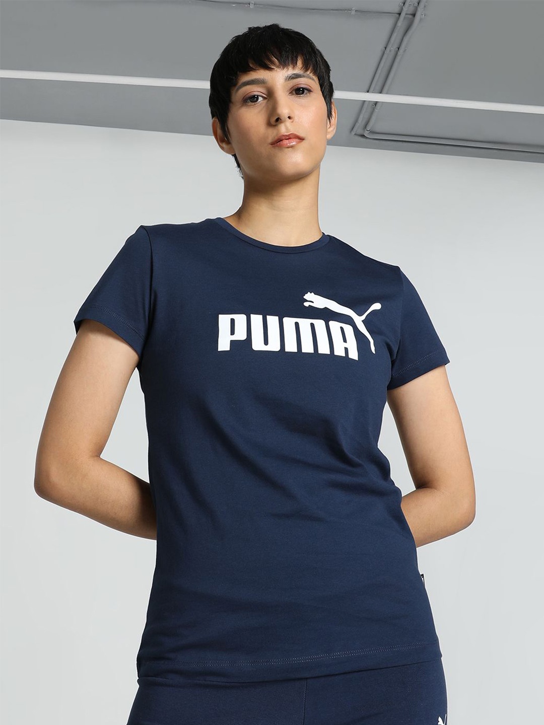 

Puma Essentials Logo Womens Printed Round Neck Cotton T-Shirt, Navy blue