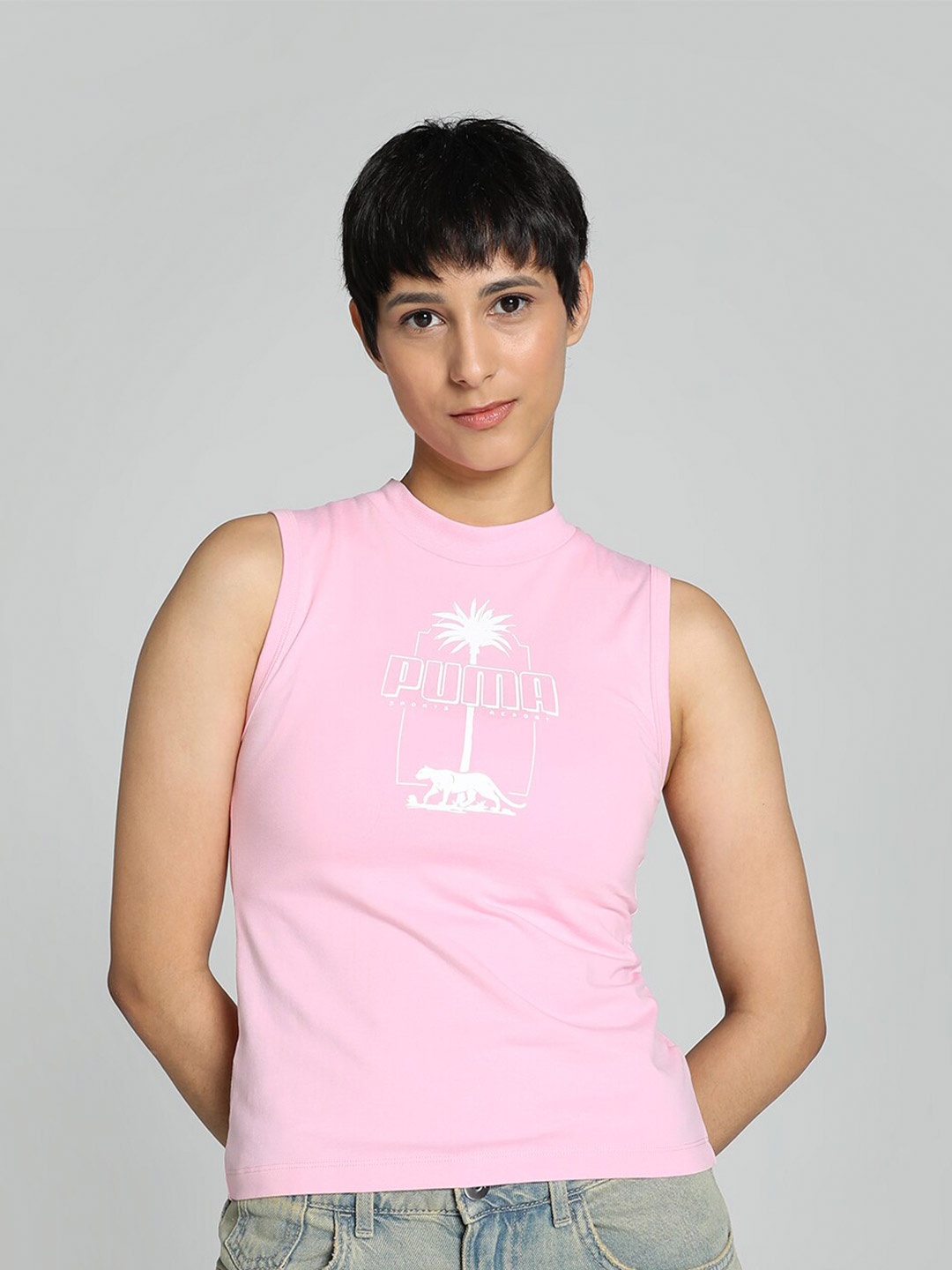 

Puma PALM RESORT Womens Printed Slim Fit High Neck Tank Top, Pink