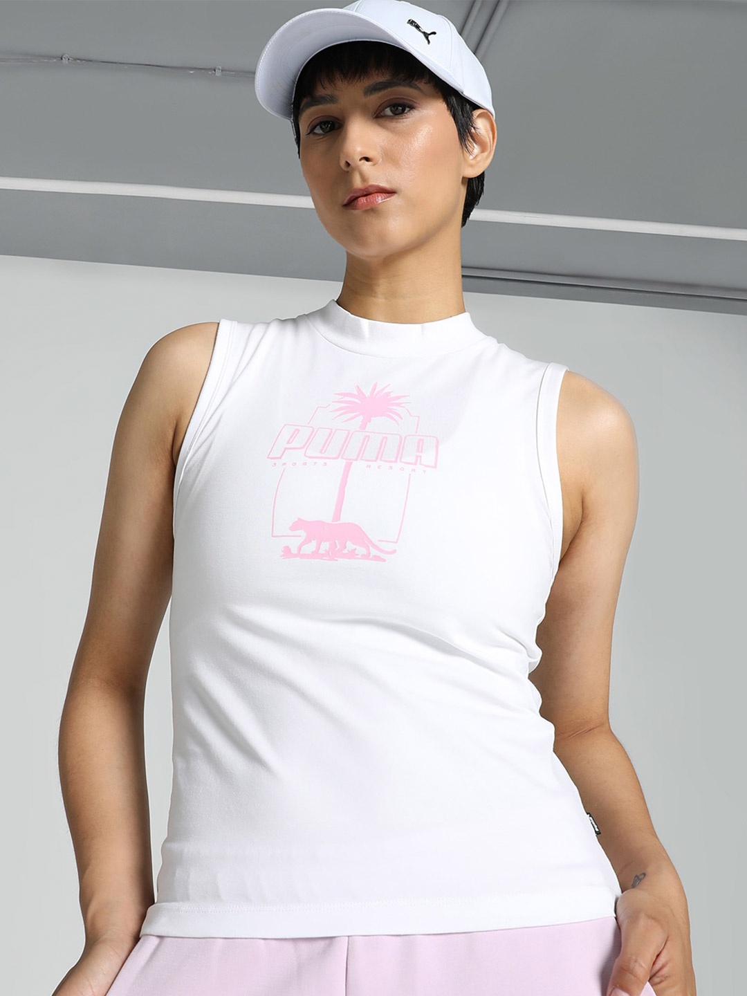 

Puma PALM RESORT Womens Graphic Printed Slim Fit Tank Top, White
