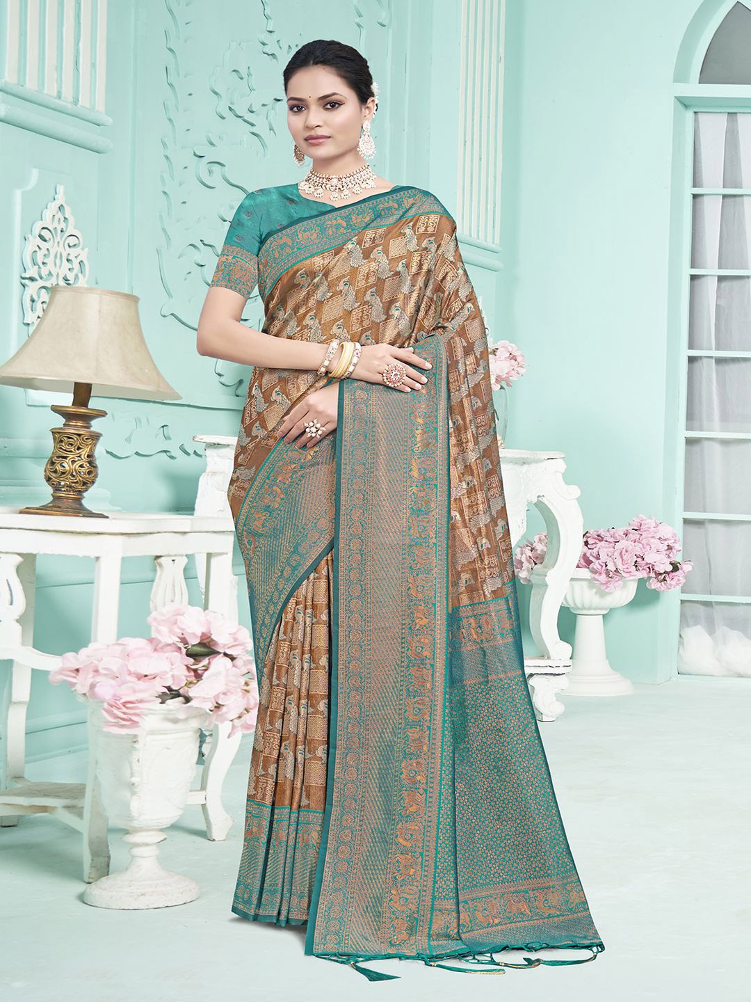 

SANGAM PRINTS Woven Design Zari Tussar Saree, Sea green