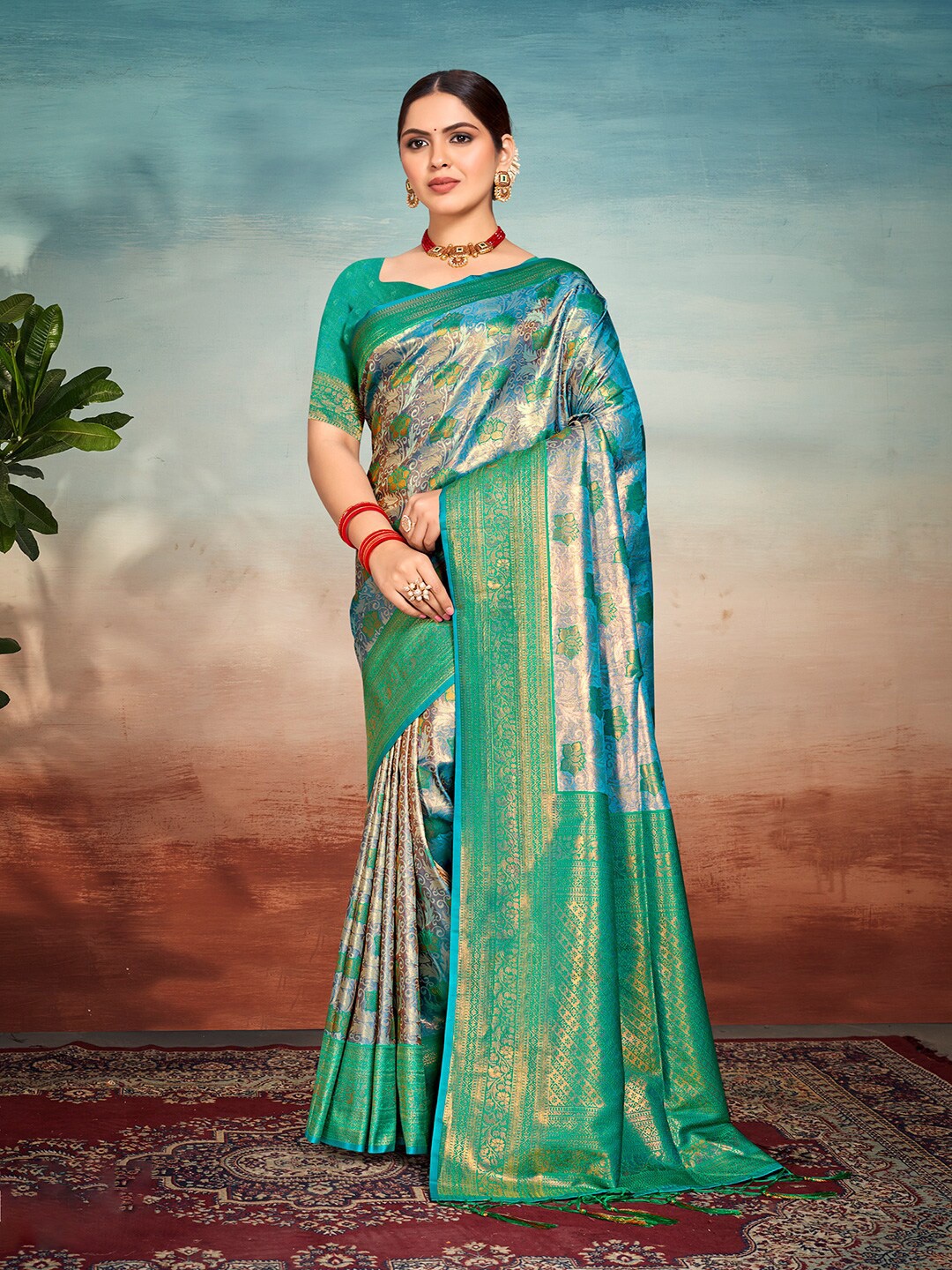 

SANGAM PRINTS Woven Design Zari Silk Blend Tussar Saree, Sea green