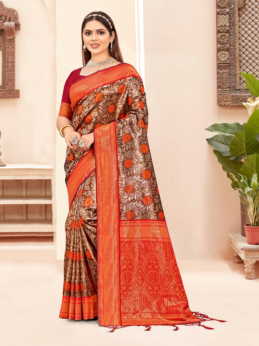 

SANGAM PRINTS Woven Design Zari Silk Blend Tussar Saree, Red