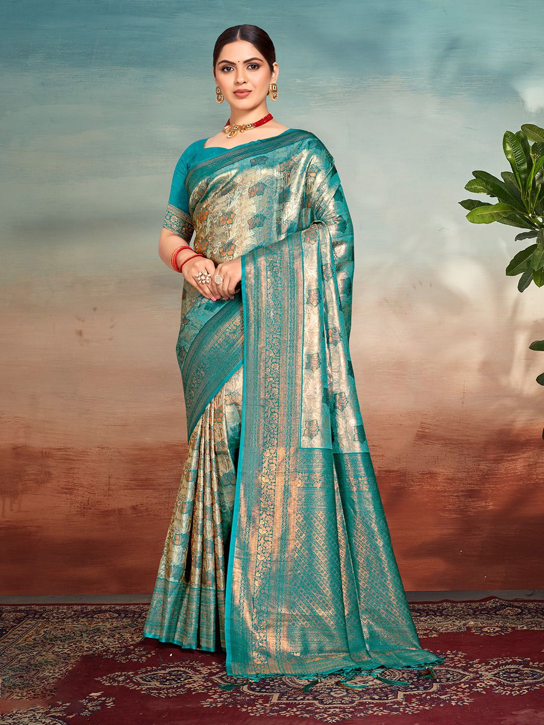 

SANGAM PRINTS Woven Design Zari Silk Blend Tussar Saree, Blue