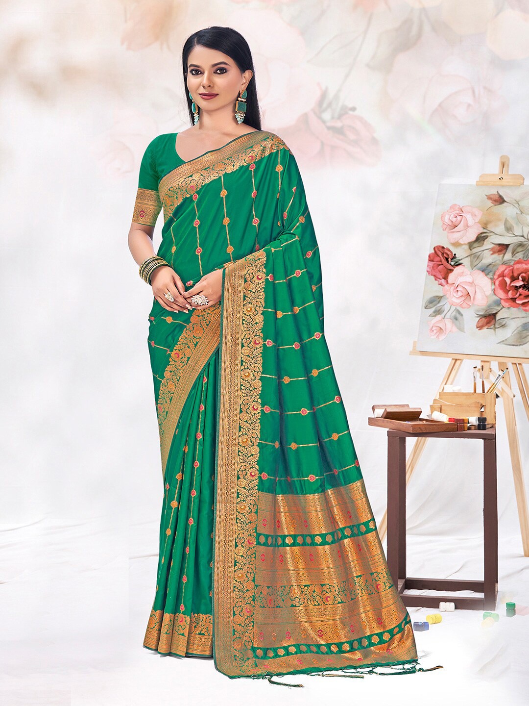 

SANGAM PRINTS Woven Design Zari Silk Blend Tussar Saree, Green