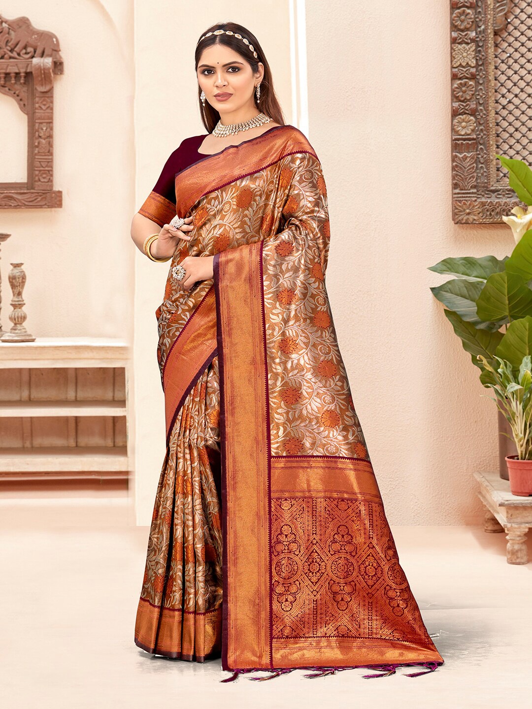 

SANGAM PRINTS Ethnic Motifs Zari Silk Blend Designer Tussar Saree, Maroon