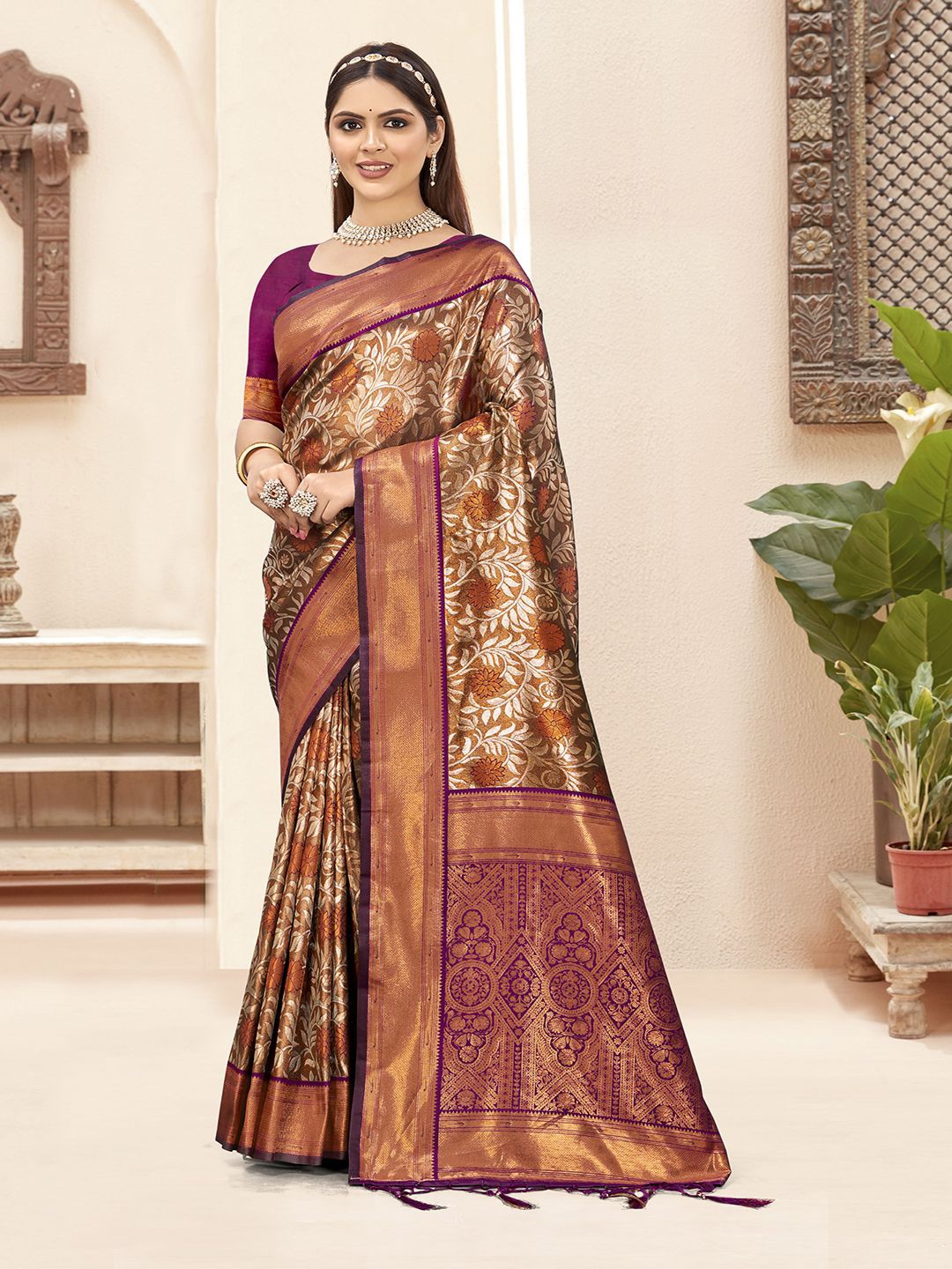 

SANGAM PRINTS Woven Design Zari Silk Blend Tussar Saree, Purple