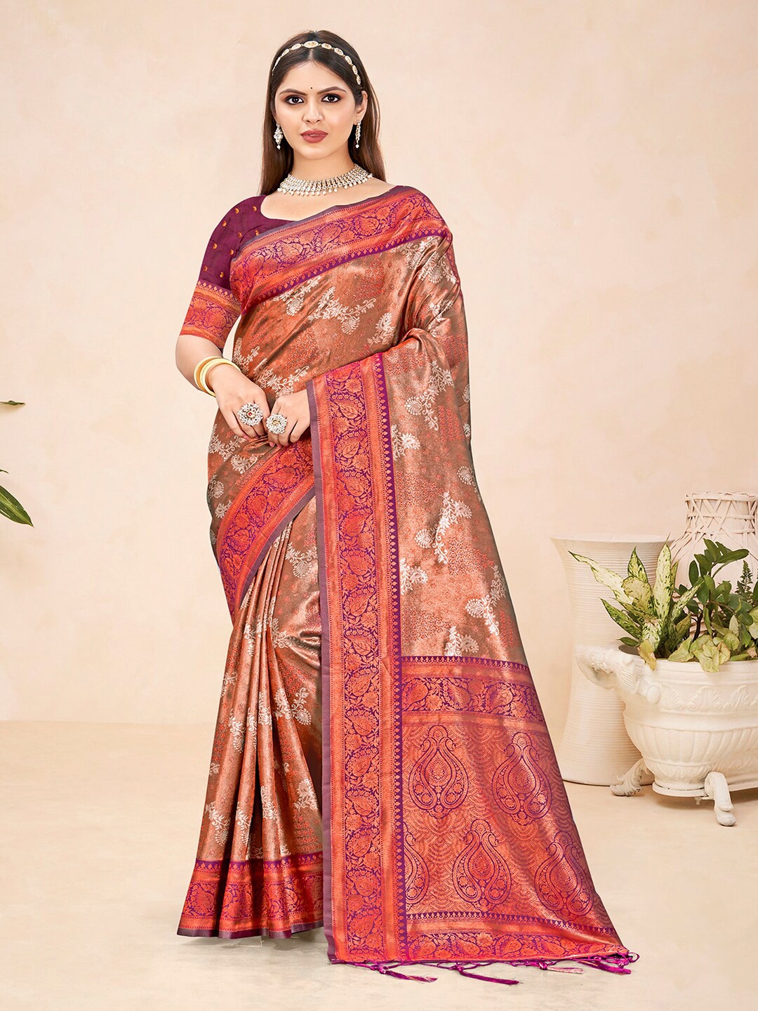 

SANGAM PRINTS Ethnic Motifs Zari Silk Blend Tussar Saree, Purple