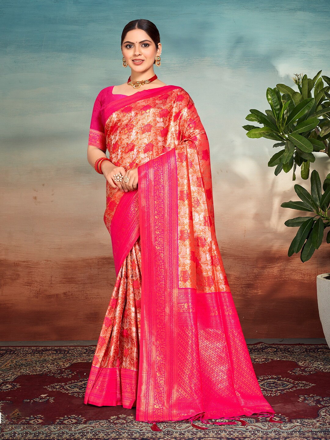 

SANGAM PRINTS Woven Design Zari Silk Blend Tussar Saree, Pink