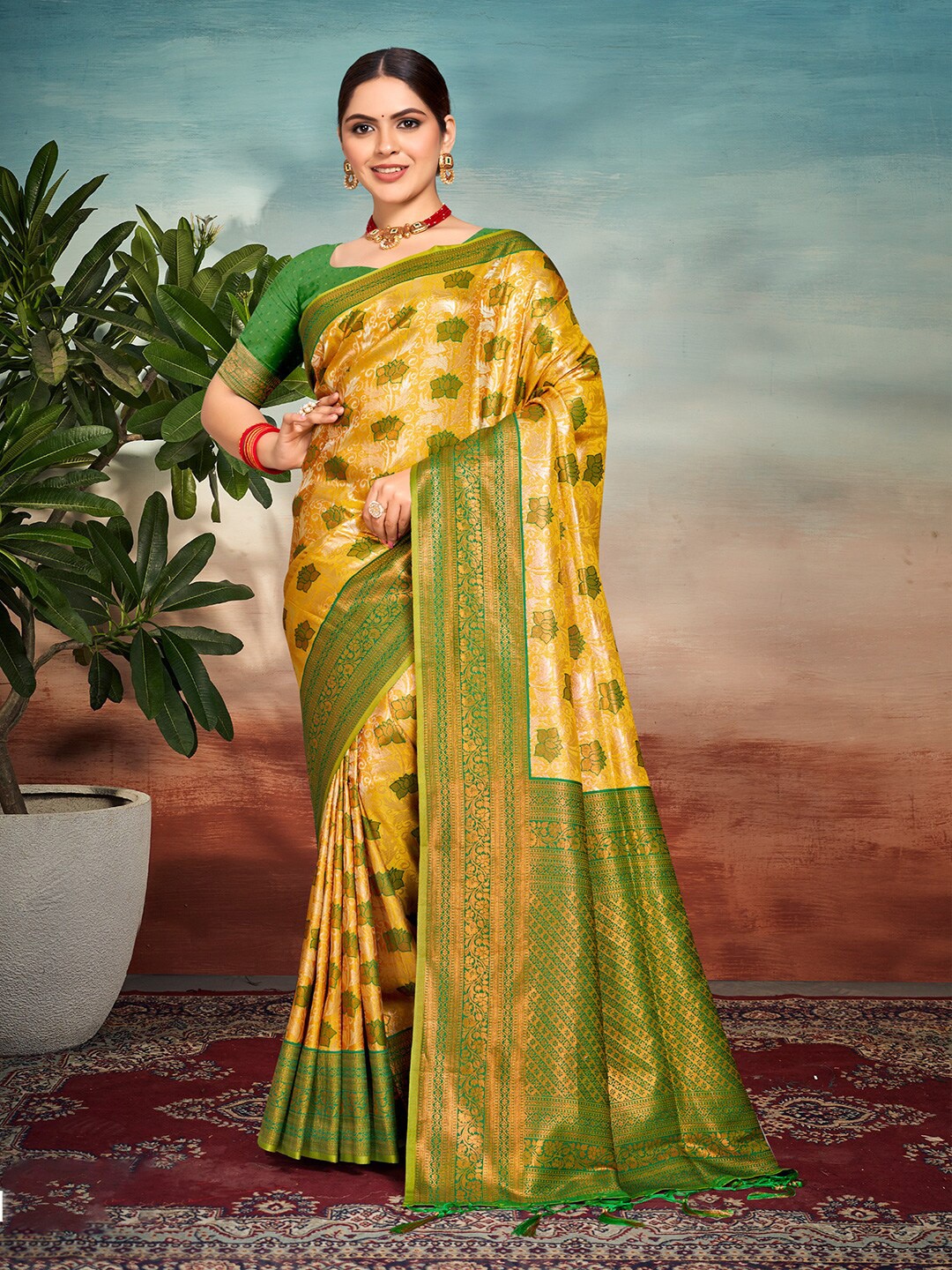 

SANGAM PRINTS Woven Design Zari Silk Blend Tussar Saree, Yellow