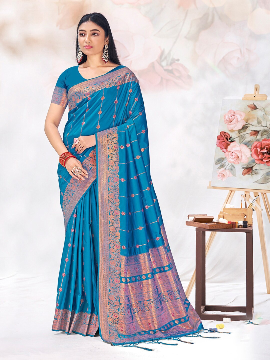 

SANGAM PRINTS Woven Design Zari Silk Blend Tussar Saree, Blue