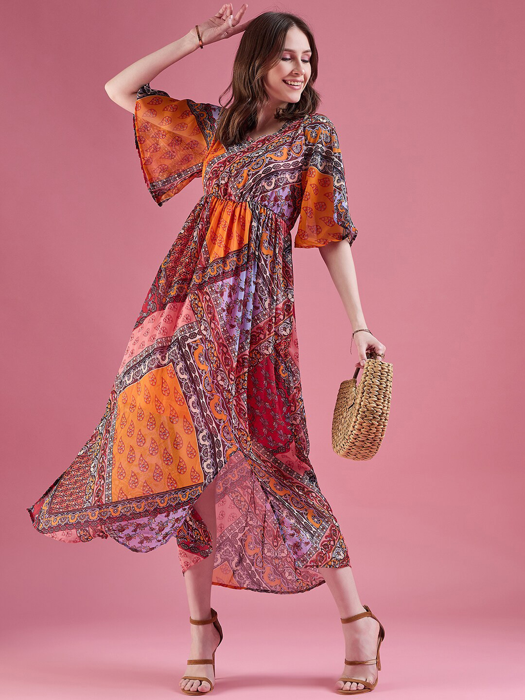 

DressBerry Ethnic Motifs Print Flared Sleeve Chiffon Empire Maxi Dress, Pink