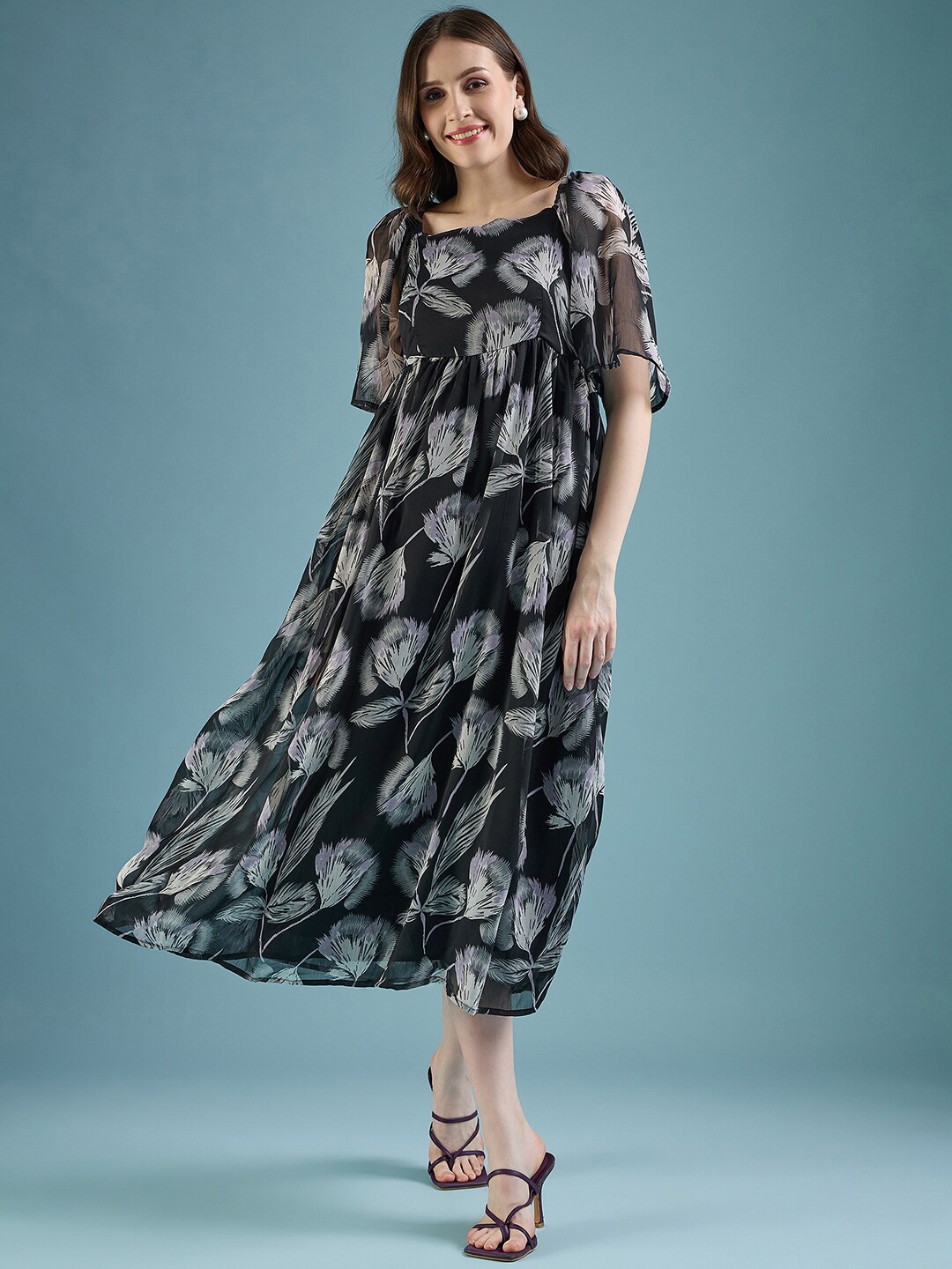 

DressBerry Black Floral Printed Round Neck Georgette Empire Midi Dress
