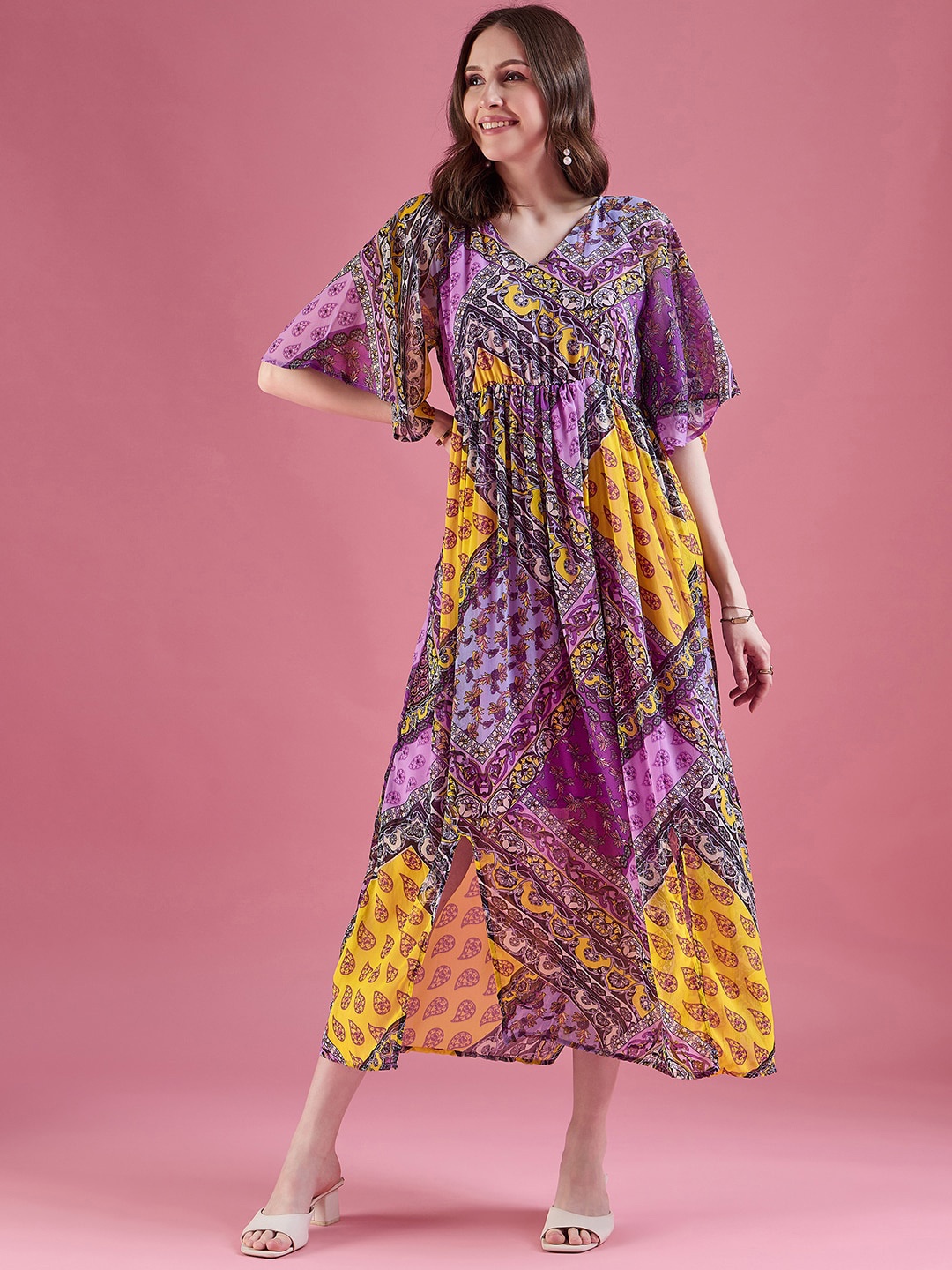 

DressBerry Purple Floral Printed Flared Sleeve Chiffon Maxi Midi Dress