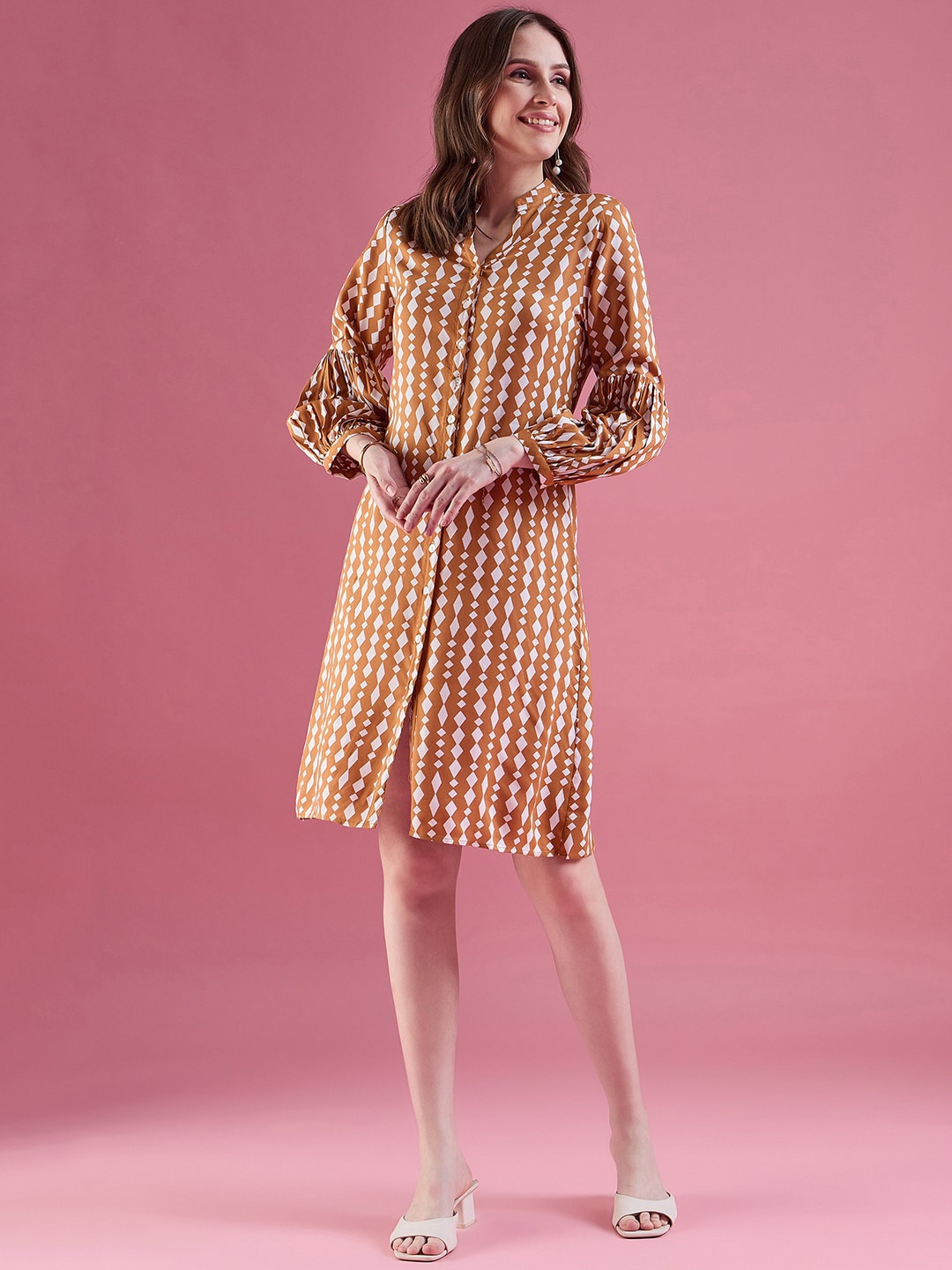 

DressBerry Mustard Checked Printed Bell Sleeve Shirt Dress