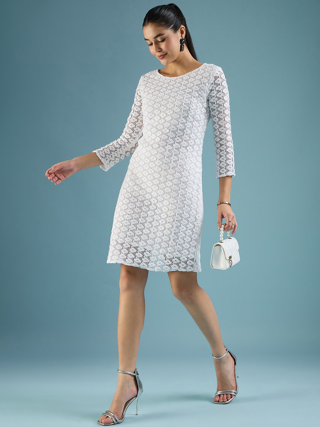 

DressBerry Self Design Net Sheath Dress, White