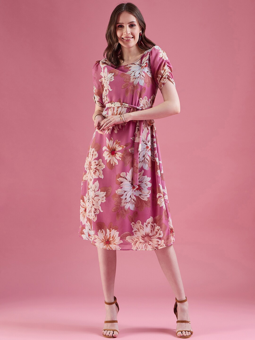 

DressBerry Pink Floral Printed Gathered or Pleated Georgette Fit & Flare Dress