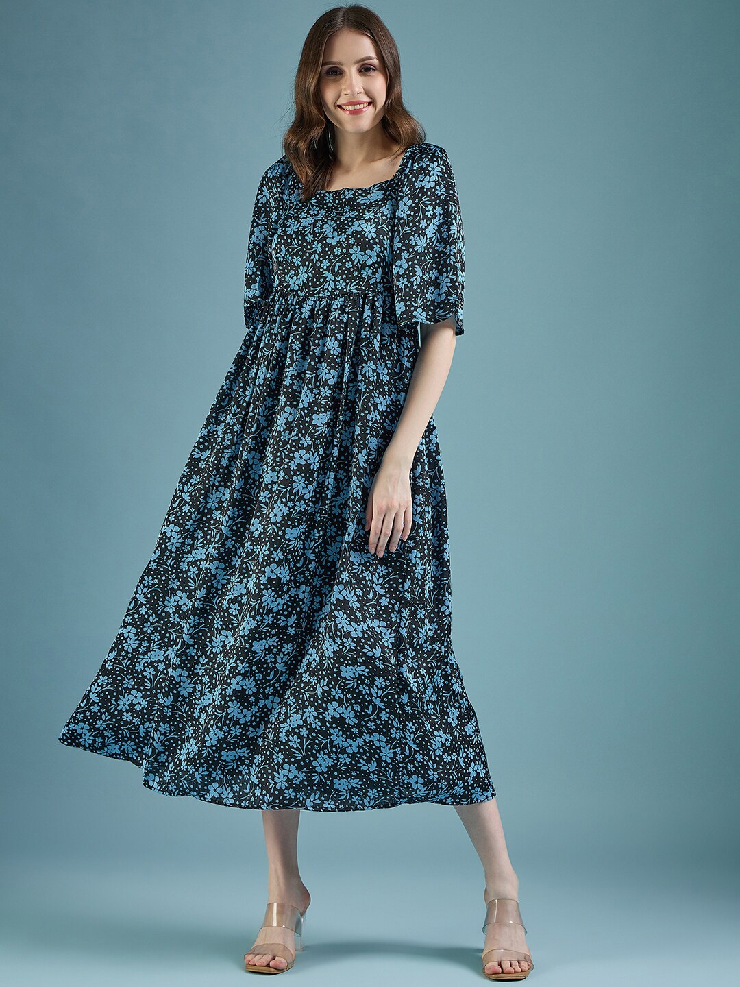 

DressBerry Blue Floral Printed Round Neck Flared Sleeves Chiffon A-Line Midi Dress