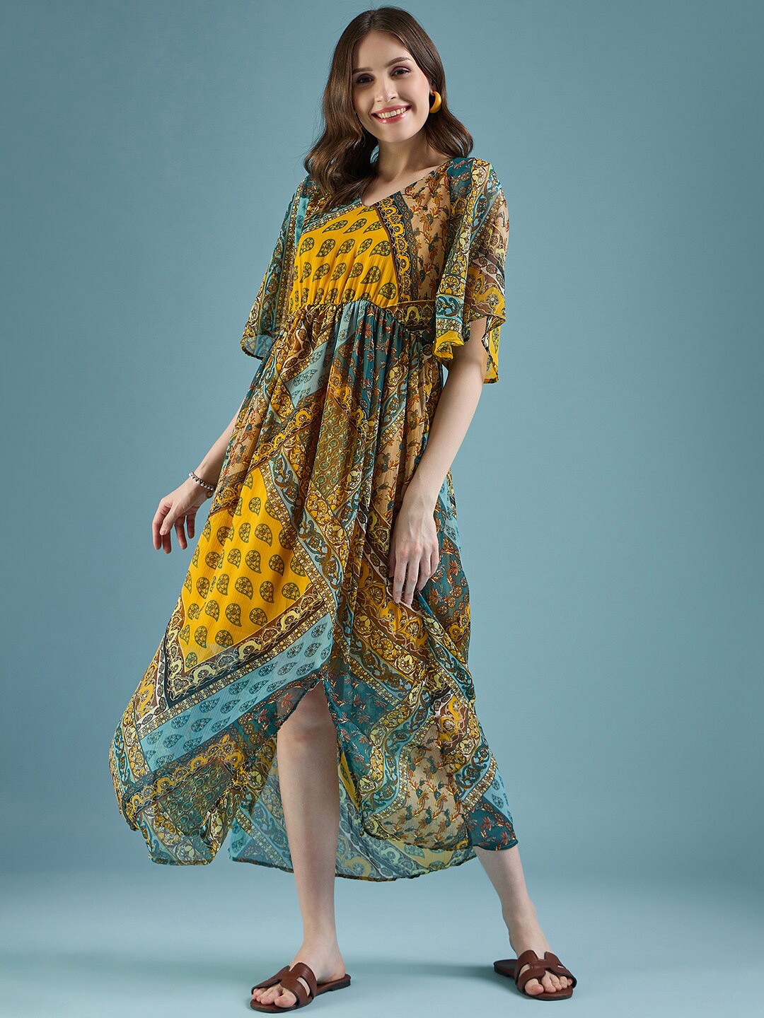 

DressBerry Ethnic Motifs Printed Georgette A-Line Midi Dress, Yellow