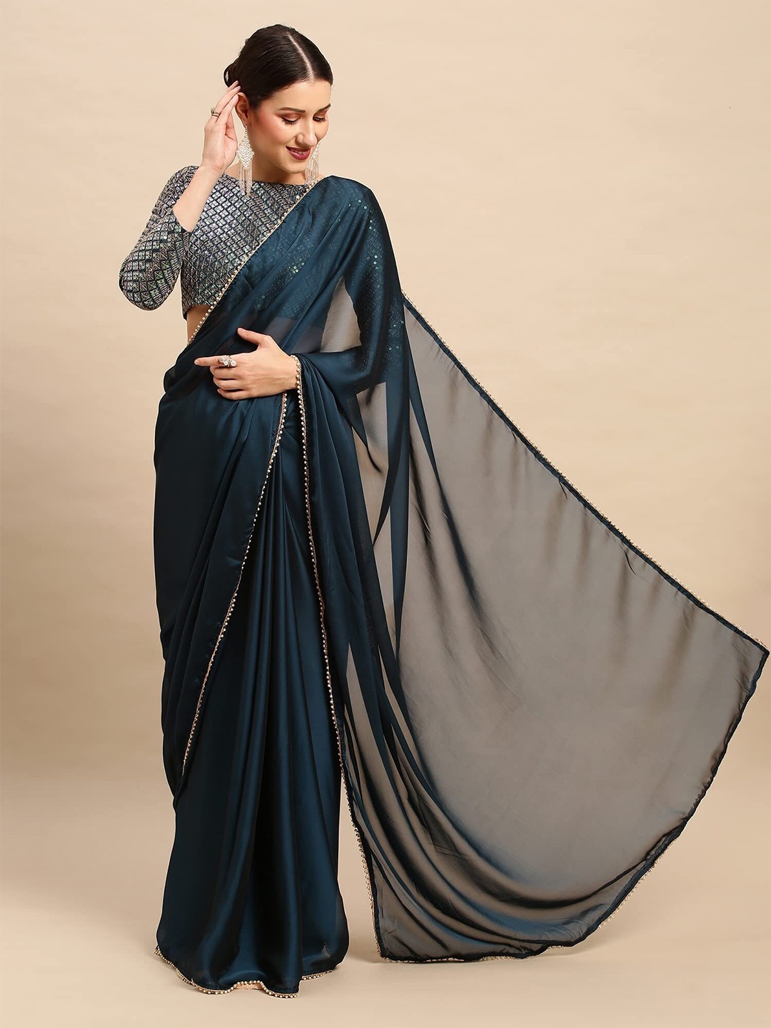 

DIVASTRI Solid Gotta Patti Satin Saree, Teal