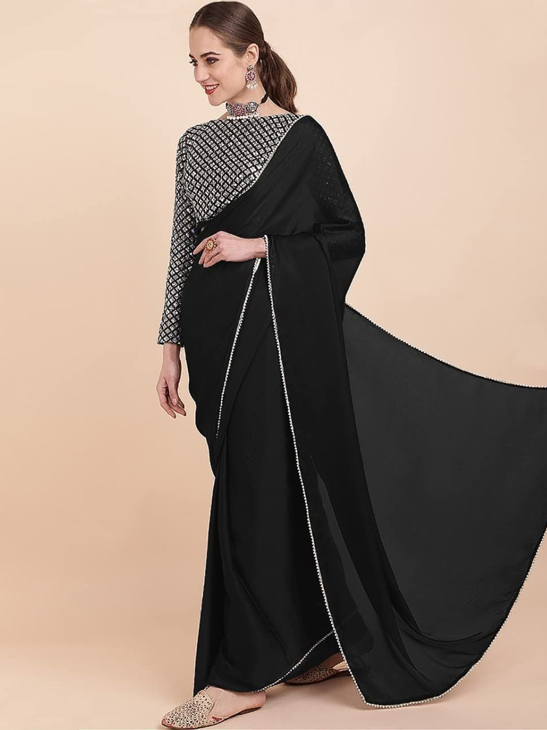 

DIVASTRI Gotta Patti Satin Saree With Blouse Piece, Black