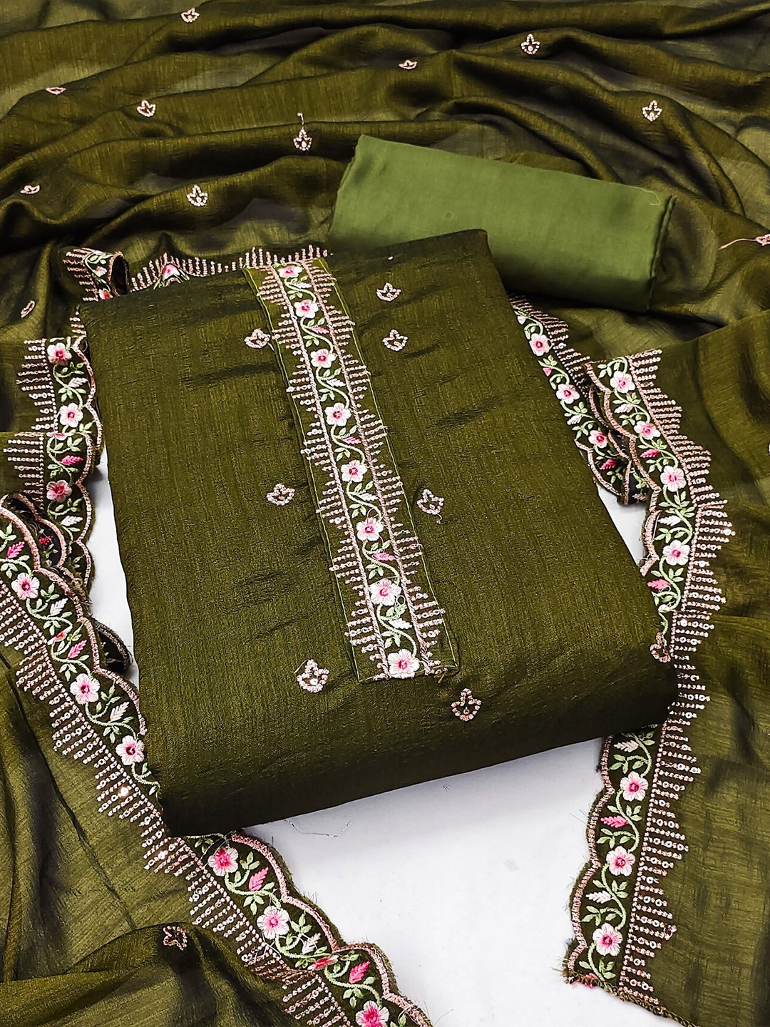 

LeeliPeeri Designer Embroidered Unstitched Dress Material, Olive