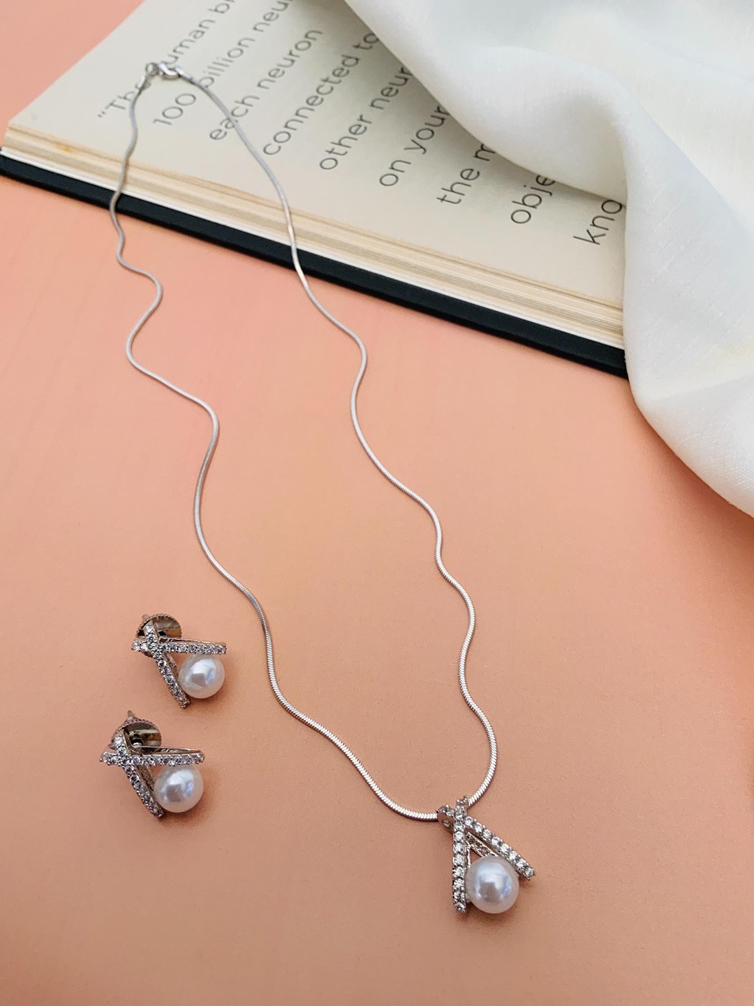 

ABDESIGNS Silver-Plated American Diamond-Studded Jewellery Set
