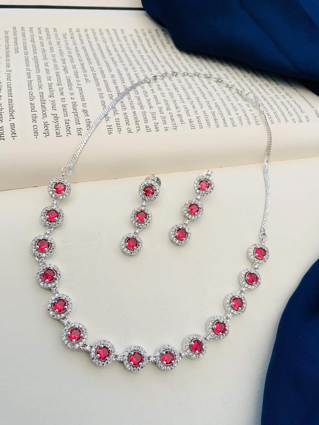 

ABDESIGNS Silver Plated American Diamond-Studded Jewellery Set