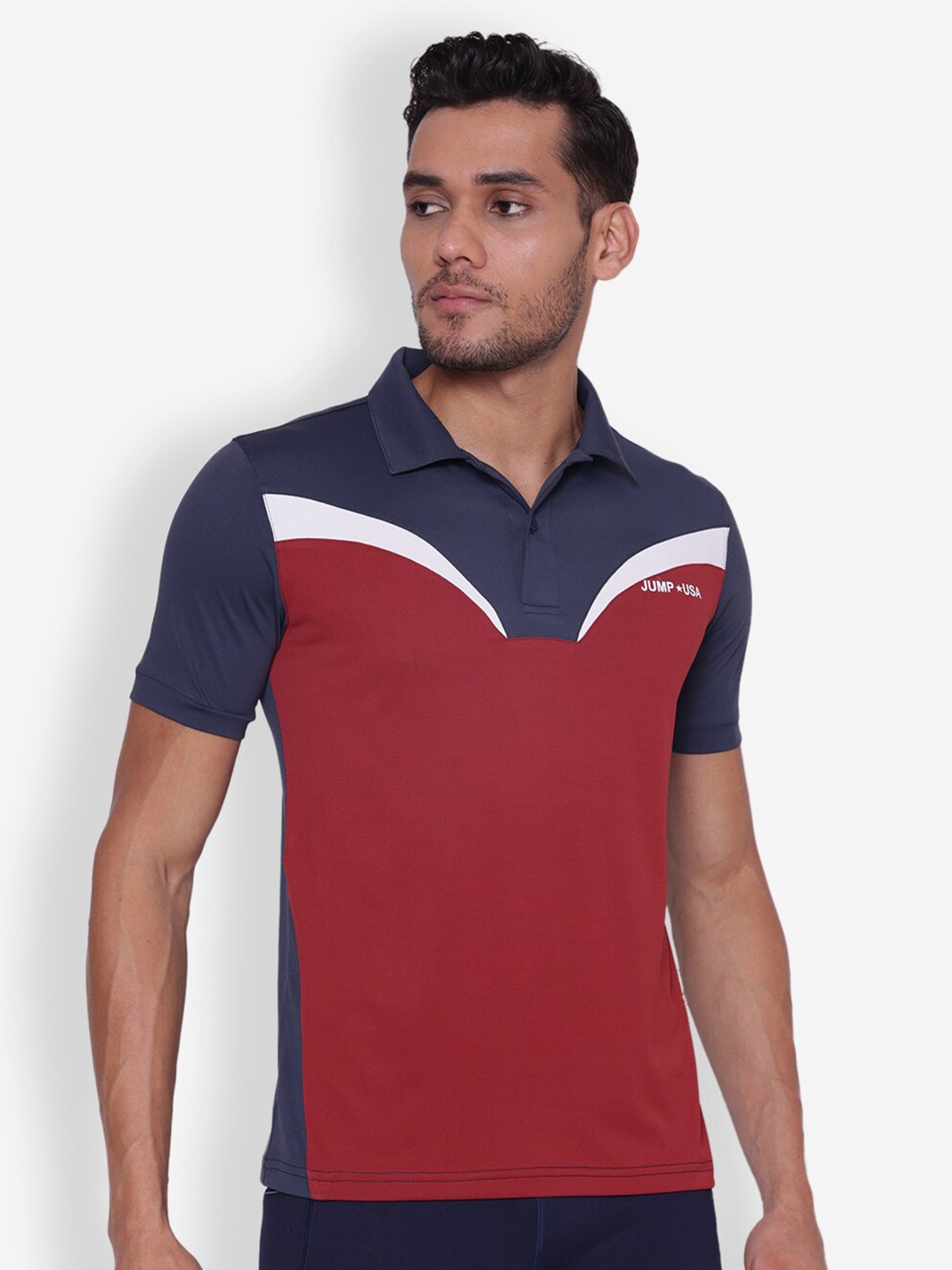 

JUMP USA Colourblocked Polo Collar Extended Sleeves T-shirt, Navy blue