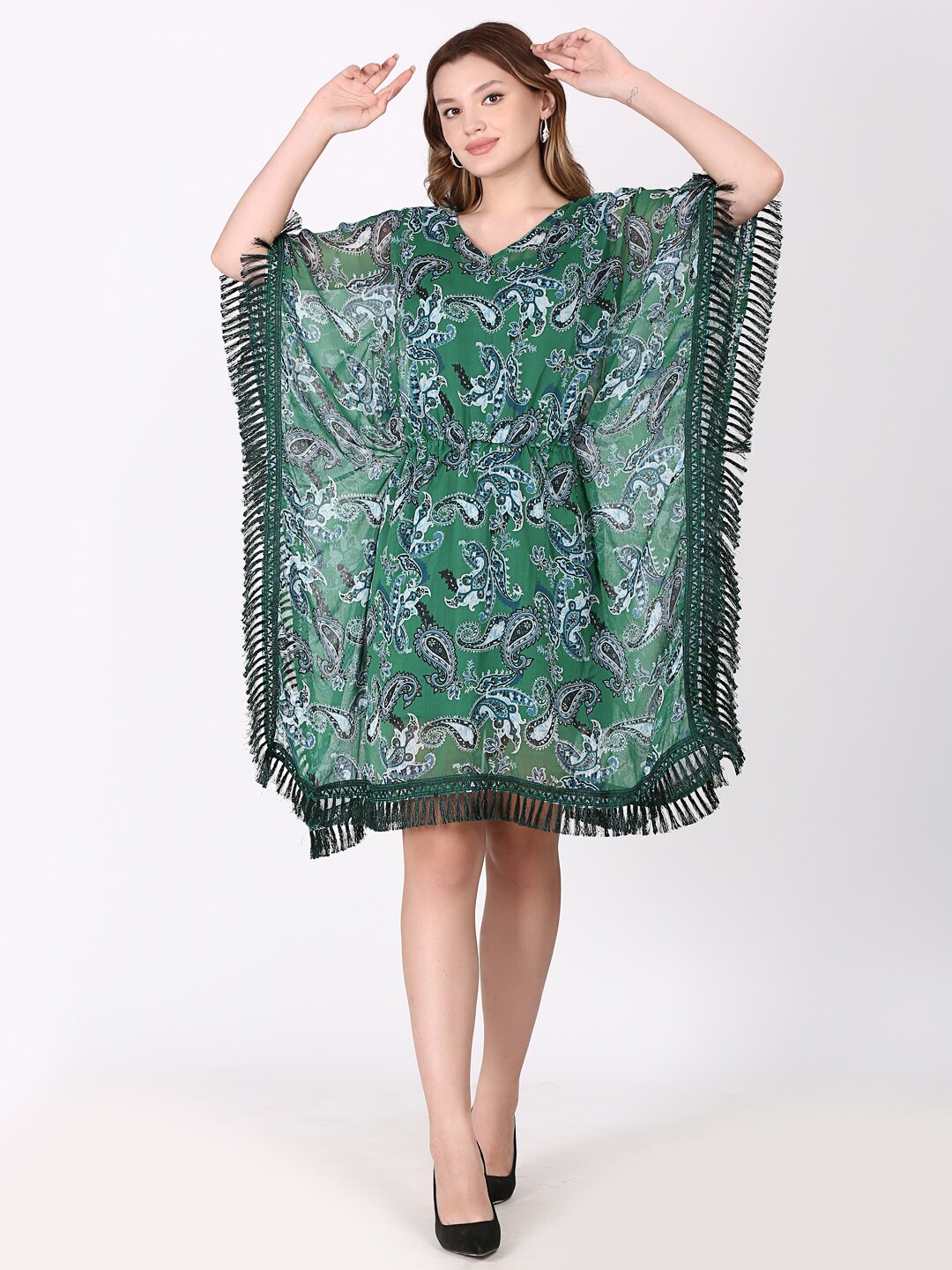 

Tulip Eden Ethnic Motifs Printed Chiffon Kaftan Dress, Green