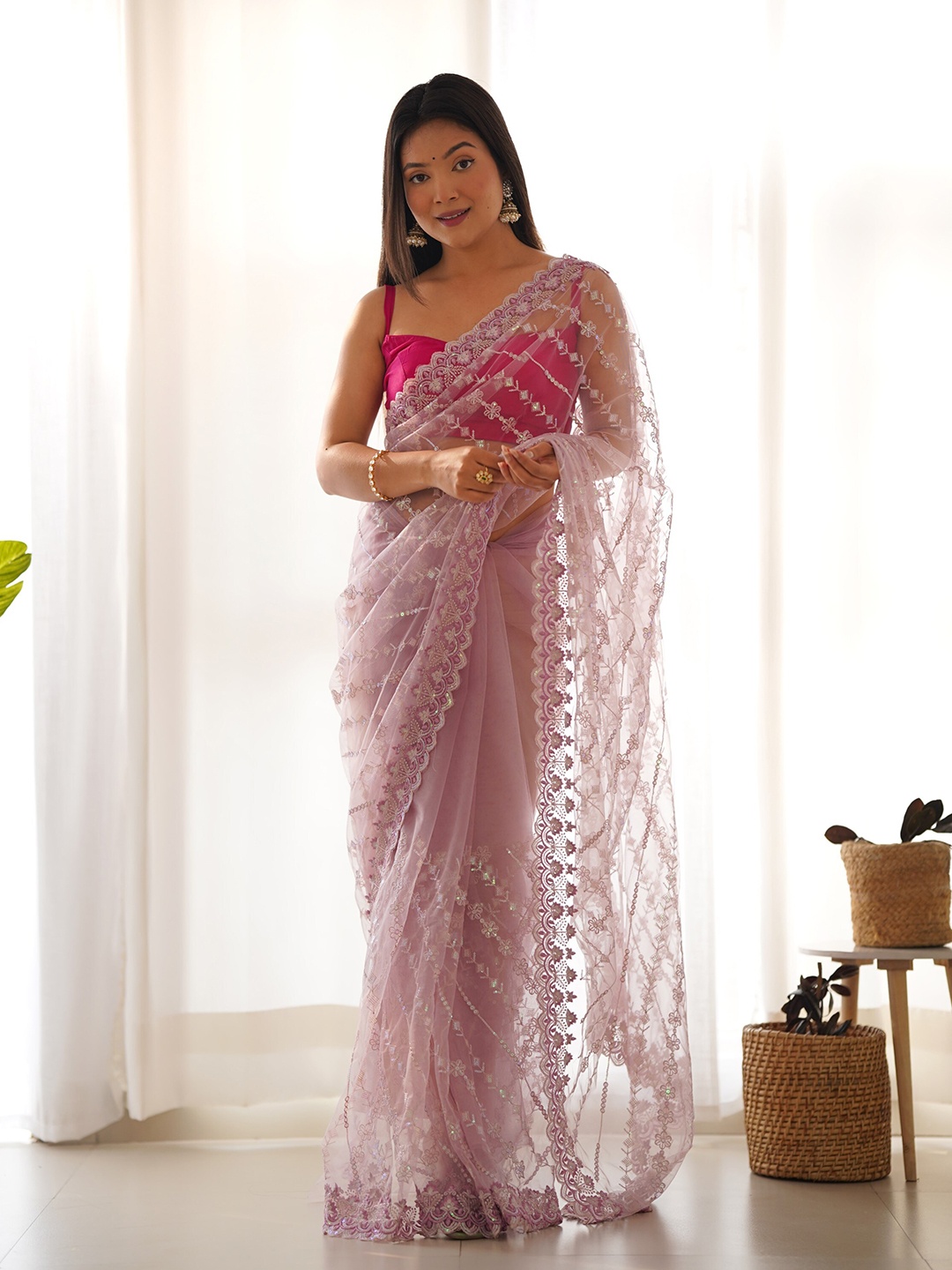 

RV CREATION Striped Sequinned Net Saree, Pink