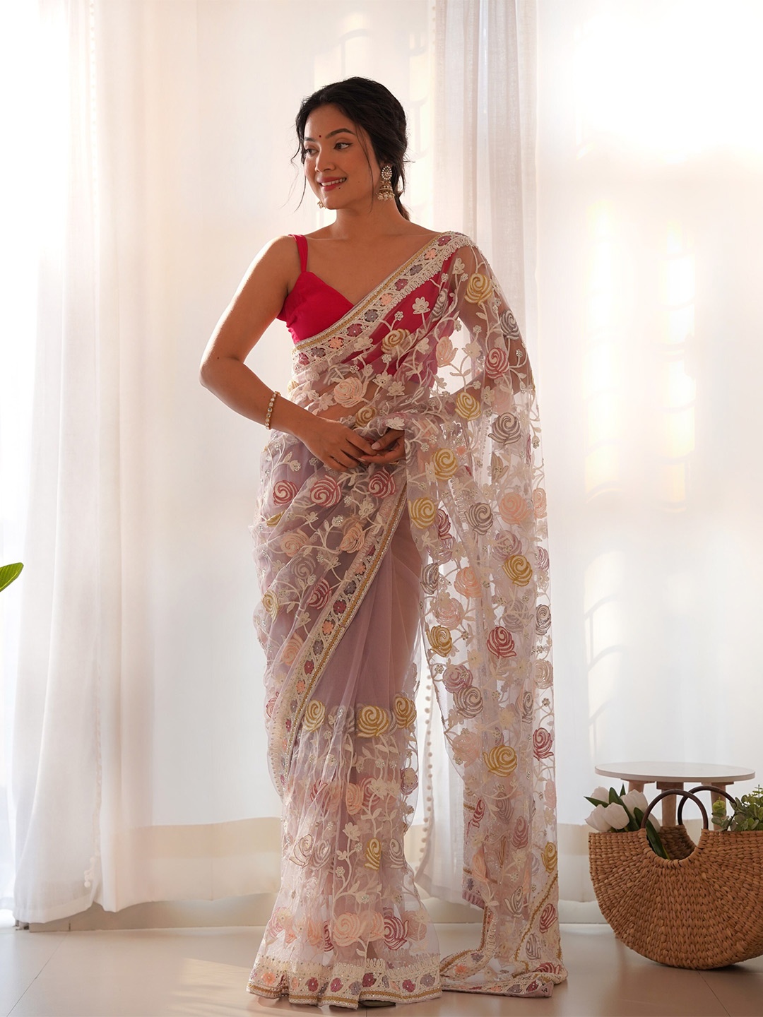 

RV CREATION Floral Embroidered Net Designer Saree, Purple