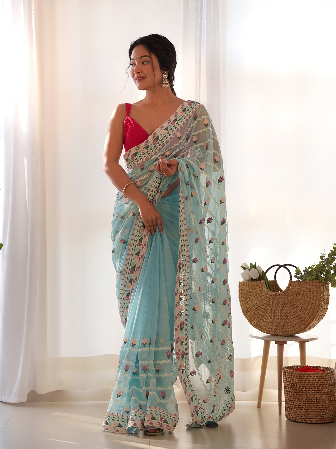 

RV CREATION Embellished Embroidered Organza Saree, Blue