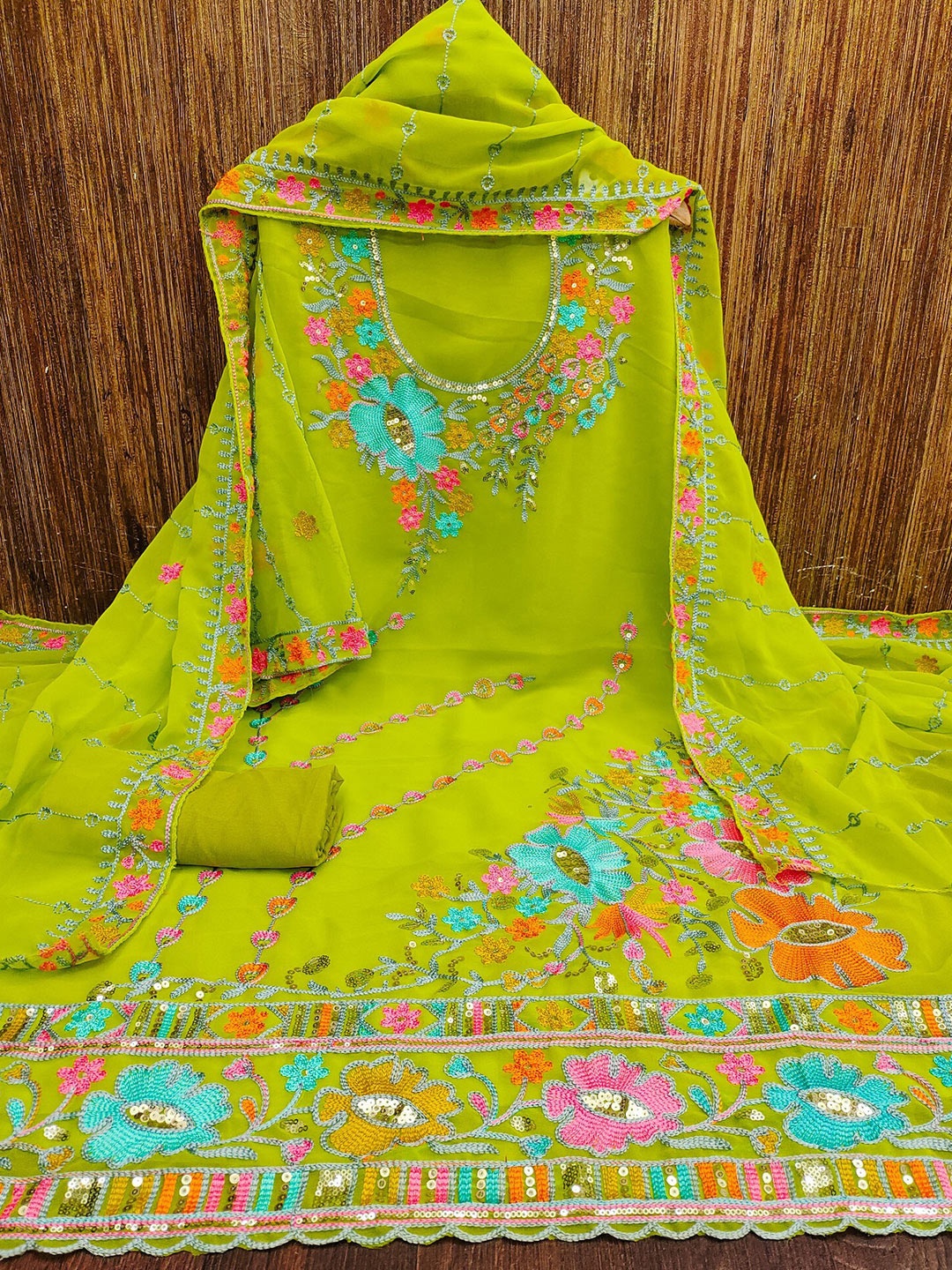 

LeeliPeeri Designer Embroidered Unstitched Dress Material, Lime green