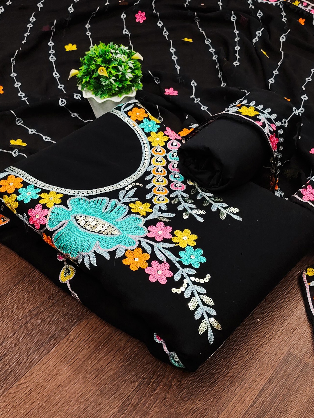 

LeeliPeeri Designer Embroidered Unstitched Dress Material, Black