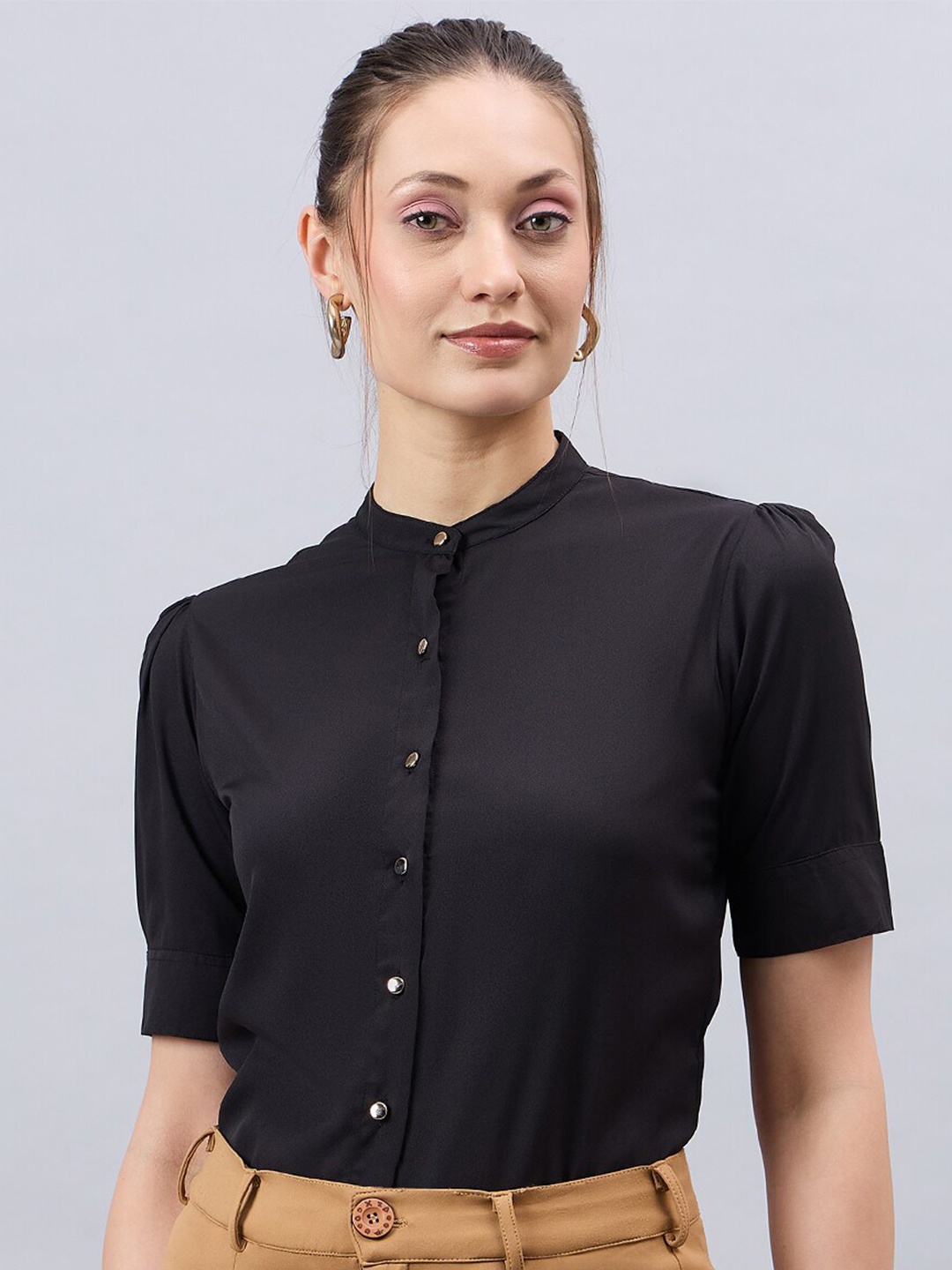 

Style Quotient Mandarin Collar Short Sleeves Casual Shirt, Black