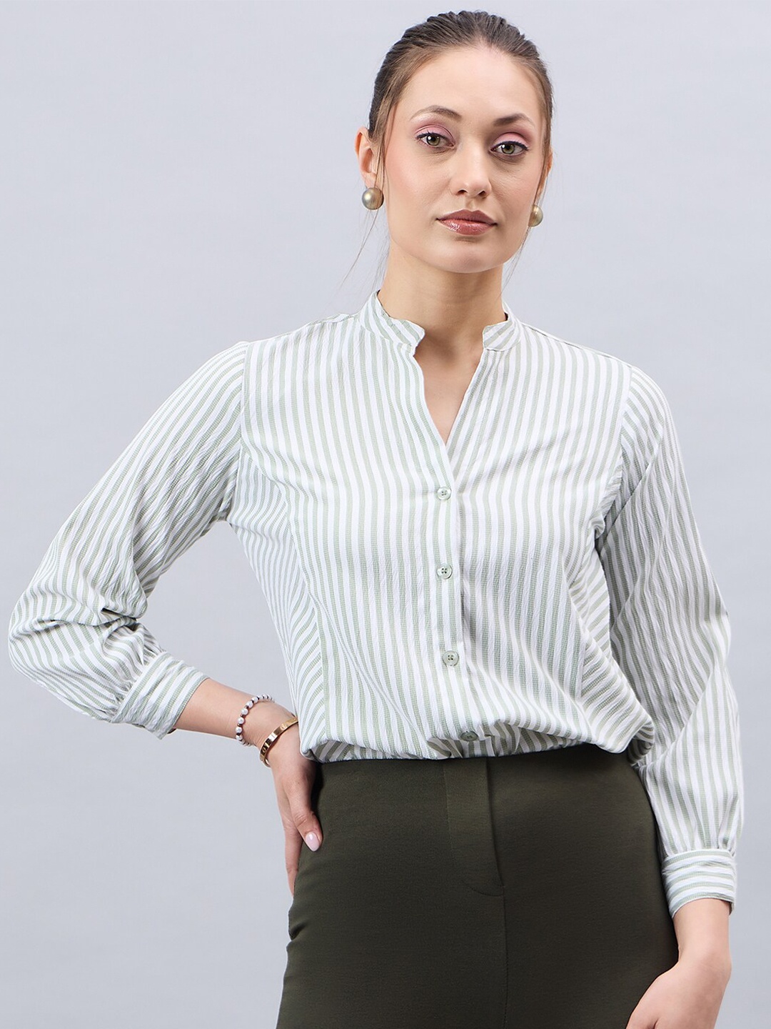 

Style Quotient Smart Striped Mandarin Collar Formal Shirt, Green