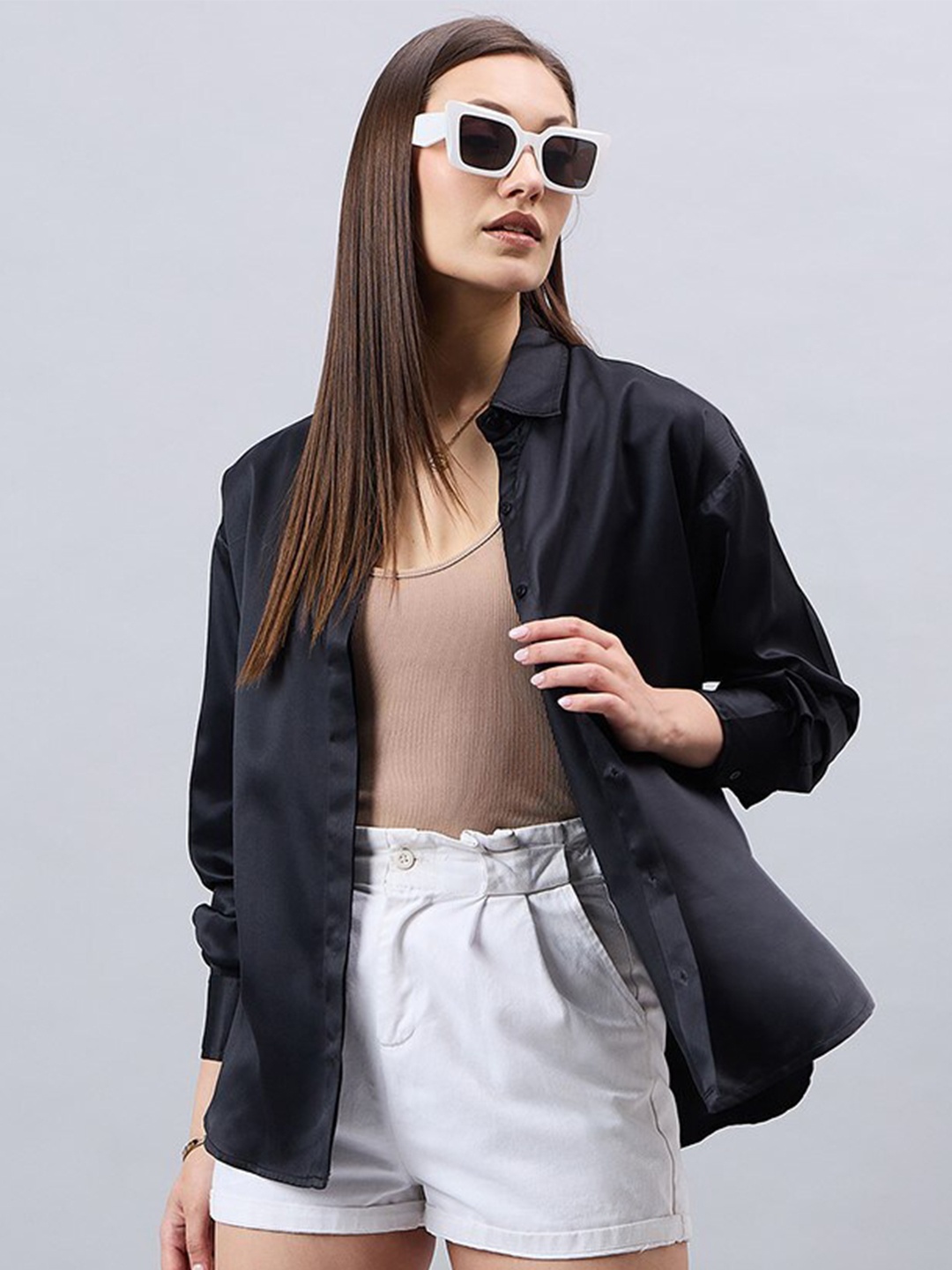 

Style Quotient Women Solid Oversized Satin Shirt, Black