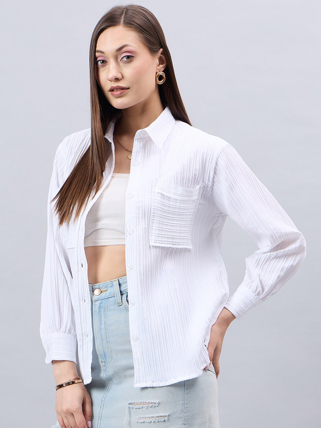 

Style Quotient Striped Spread Collar Long Sleeves Casual Shirt, White