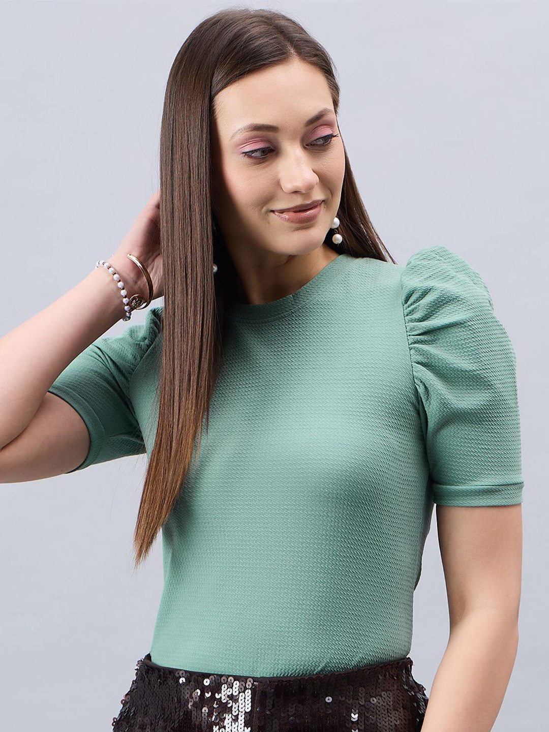 

Style Quotient Womens Round Neck Puff Sleeve Top, Green