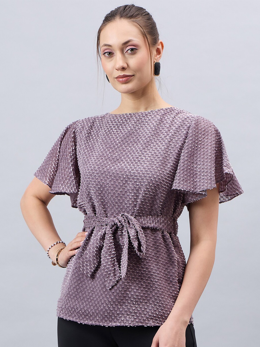 

Style Quotient Geometric Printed Bell Sleeve Cinched Waist Top, Purple