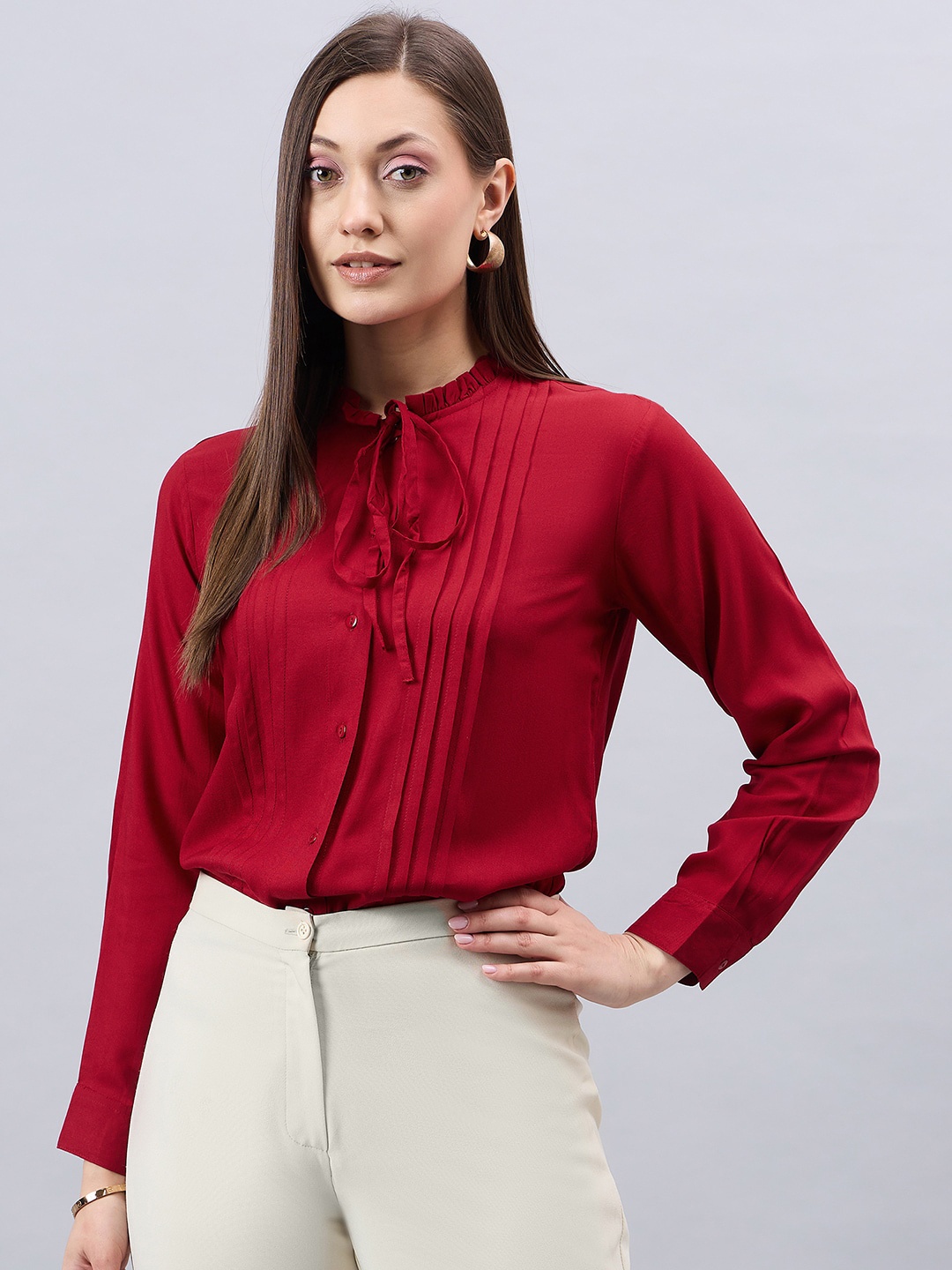 

Style Quotient Smart Tie Up Neck Pleated Formal Shirt, Maroon