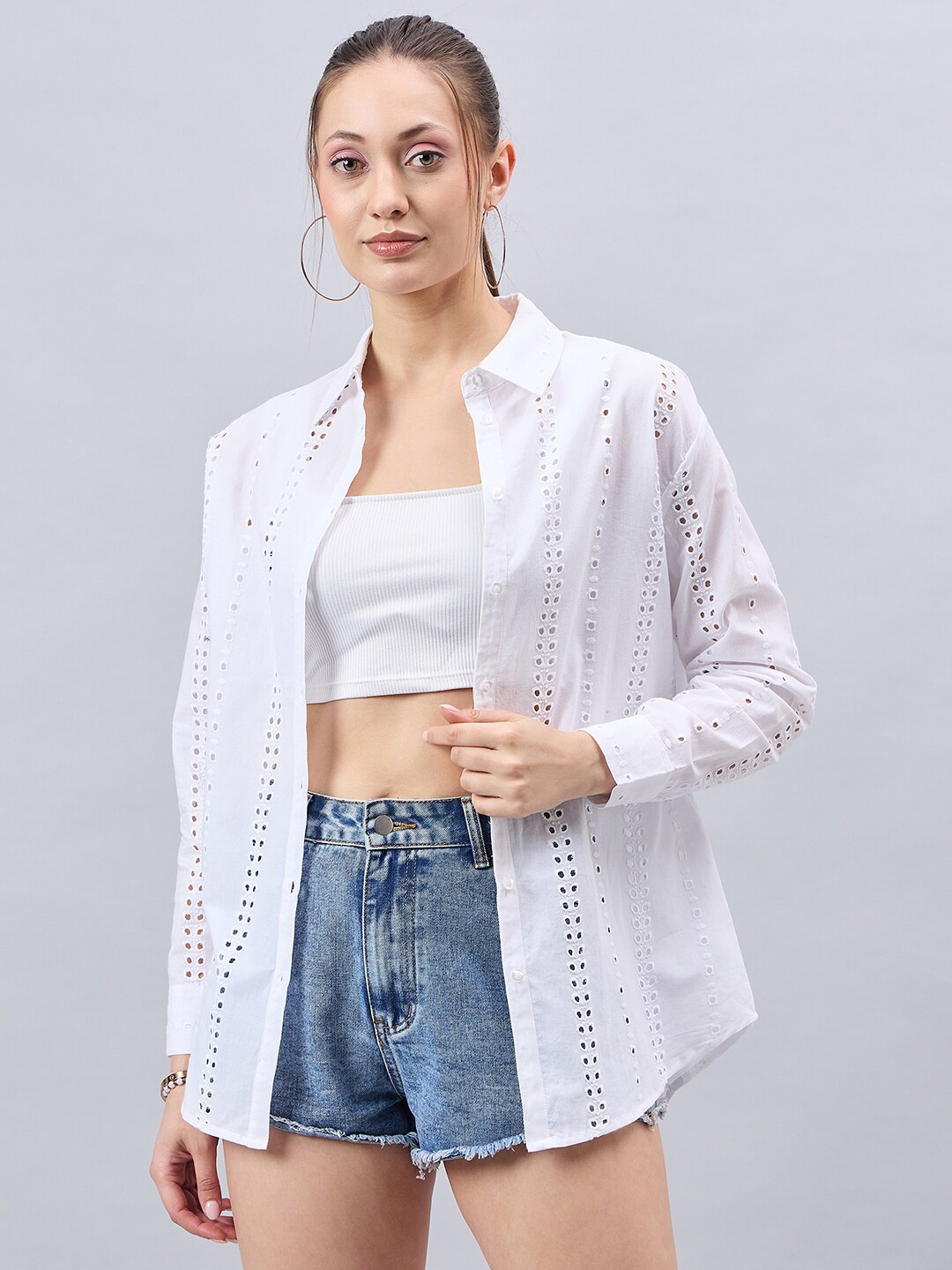 

Style Quotient Smart Self Design Schiffli Cotton Oversized Casual Shirt, White