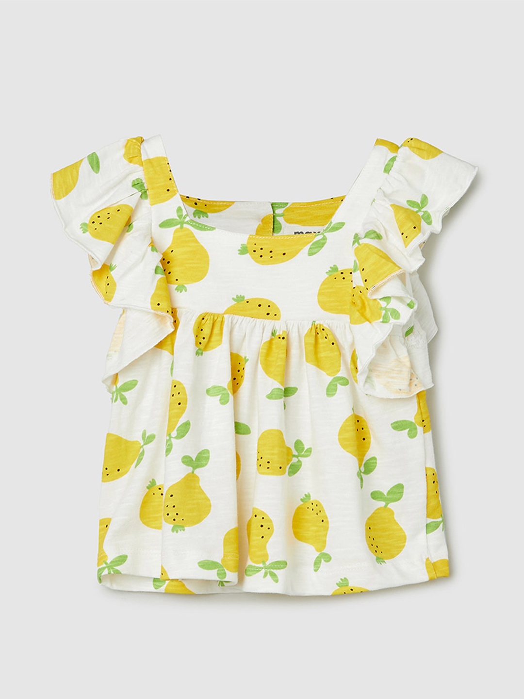 

max Girls Conversational Printed Flutter Sleeve Cotton Empire Top, White