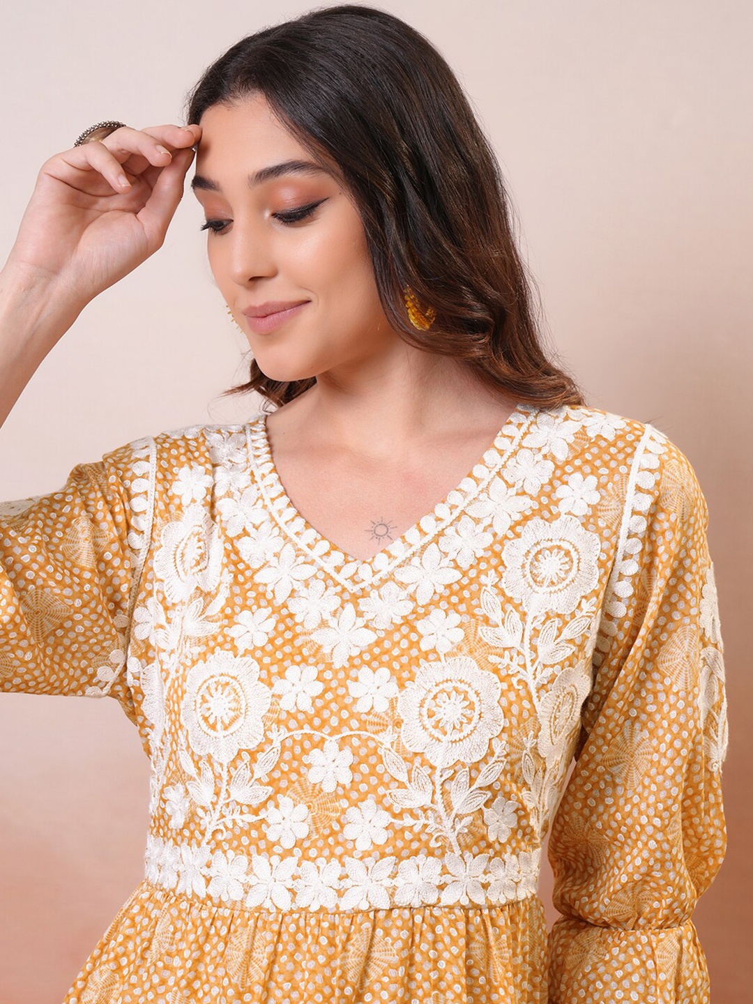 

Vishudh Floral Embroidered Cotton Tiered Maxi Dress, Yellow