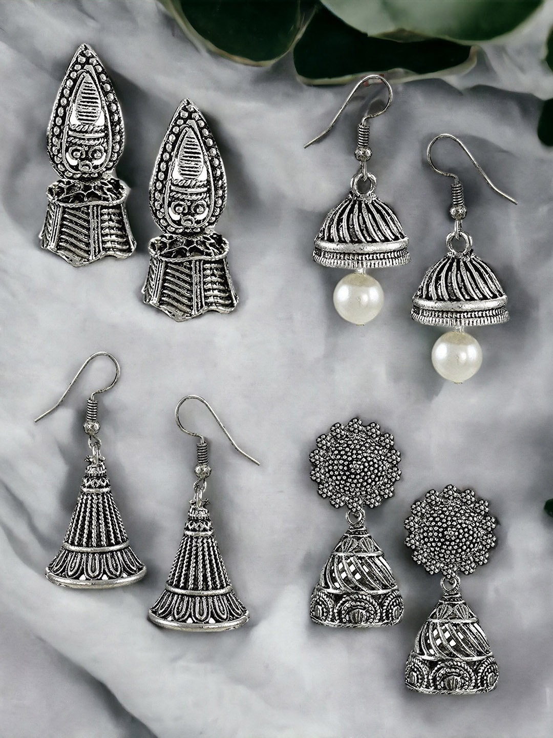 

Okos Set Of 4 Rhodium-Plated Dome Shaped Oxidised Jhumkas, Silver